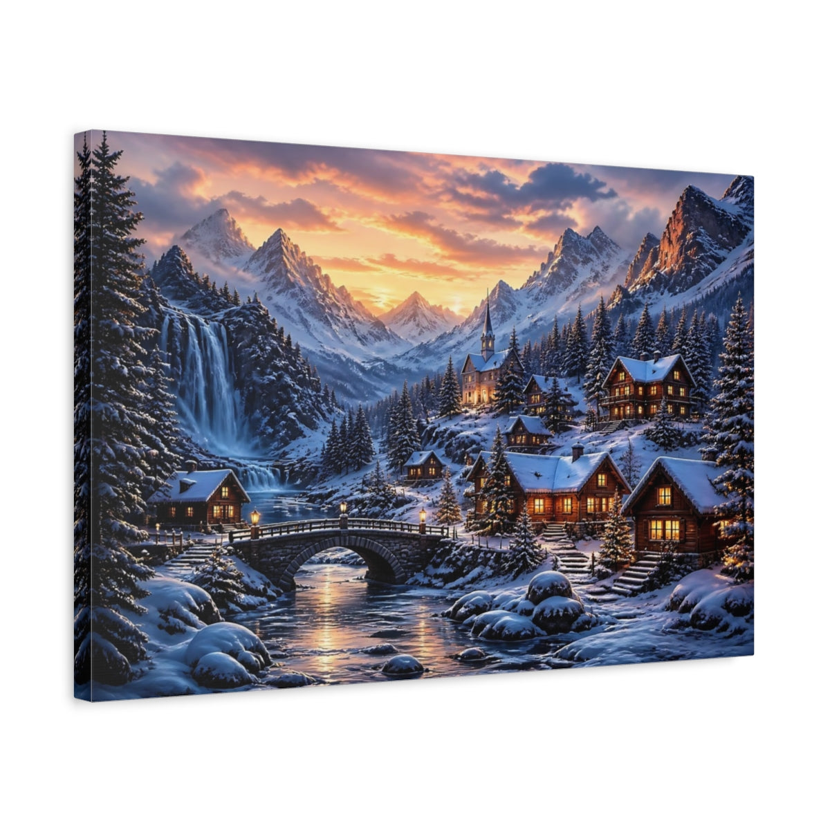 Side Mockup 3. Snowy Mountain Village shown as canvas print