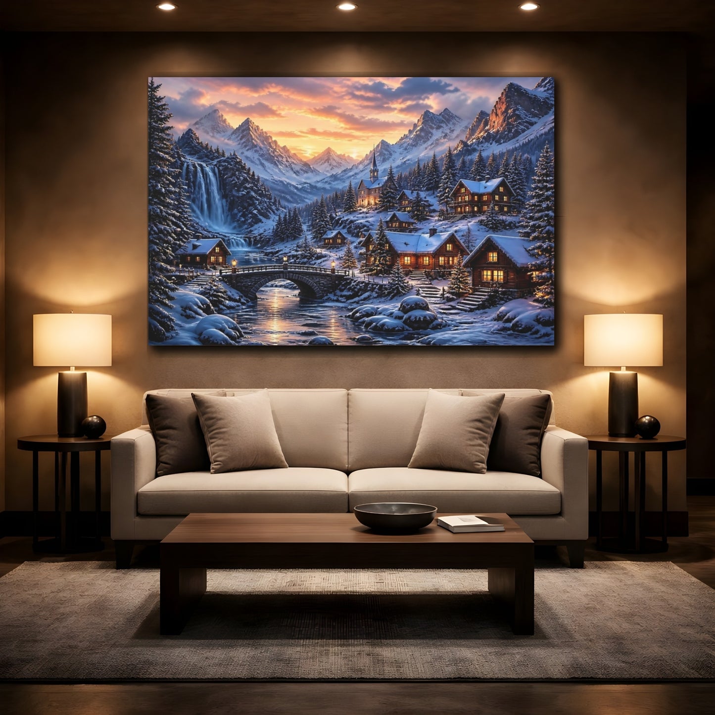 Mockup 2. Snowy Mountain Village shown as canvas print