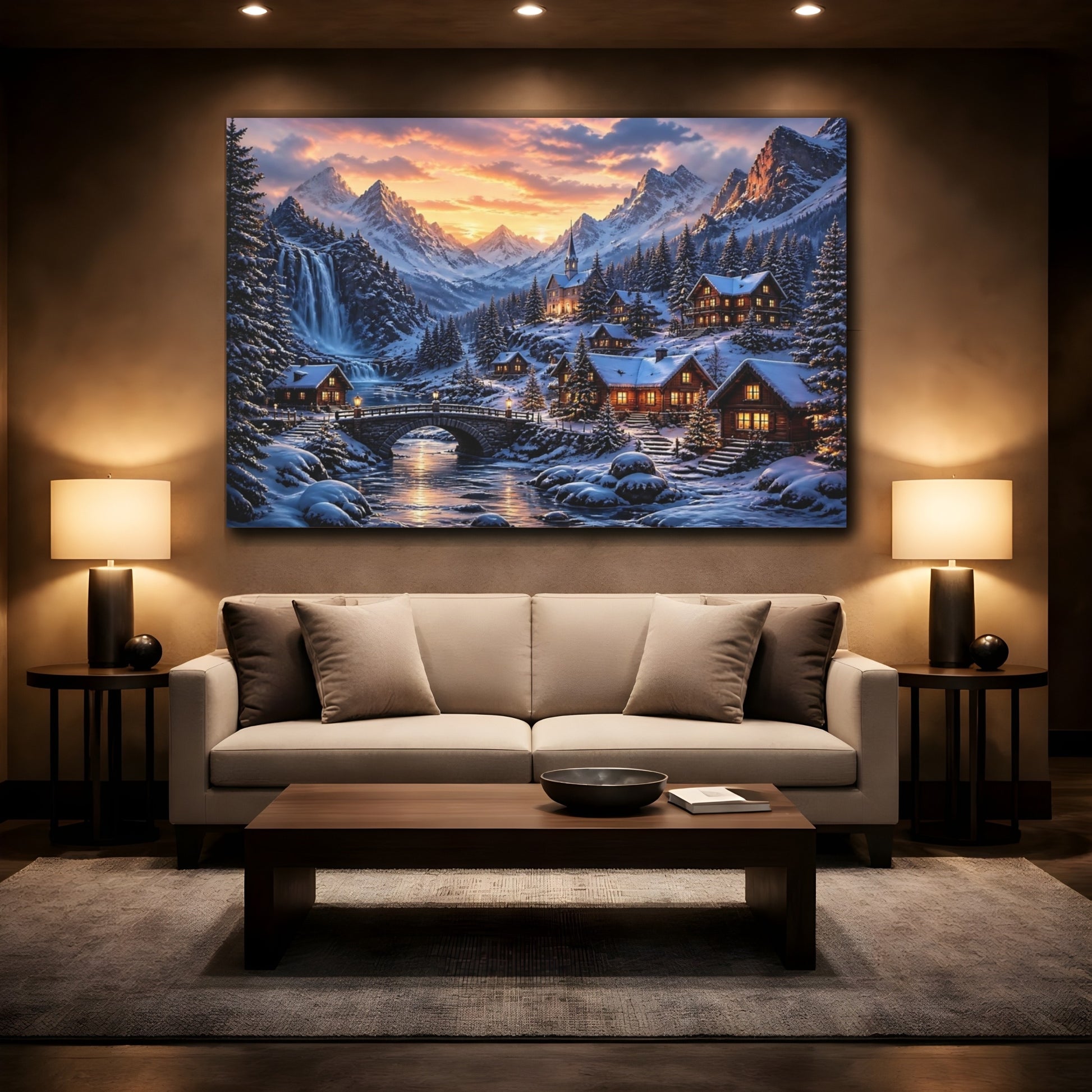 Mockup 2. Snowy Mountain Village shown as canvas print