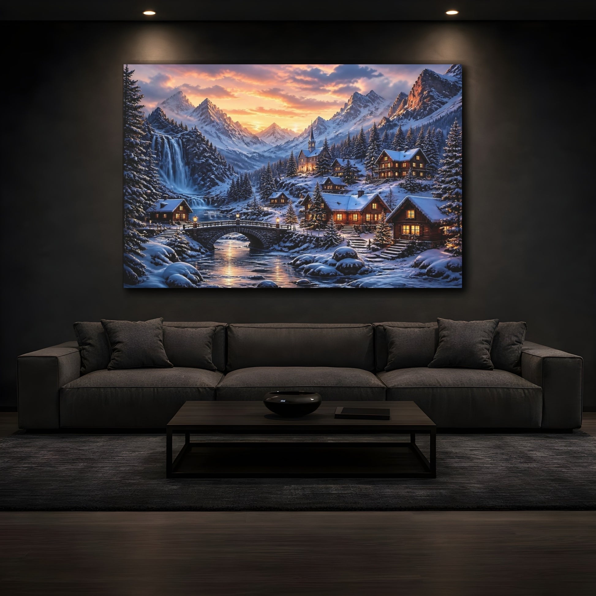 Mockup 3. Snowy Mountain Village shown as canvas print