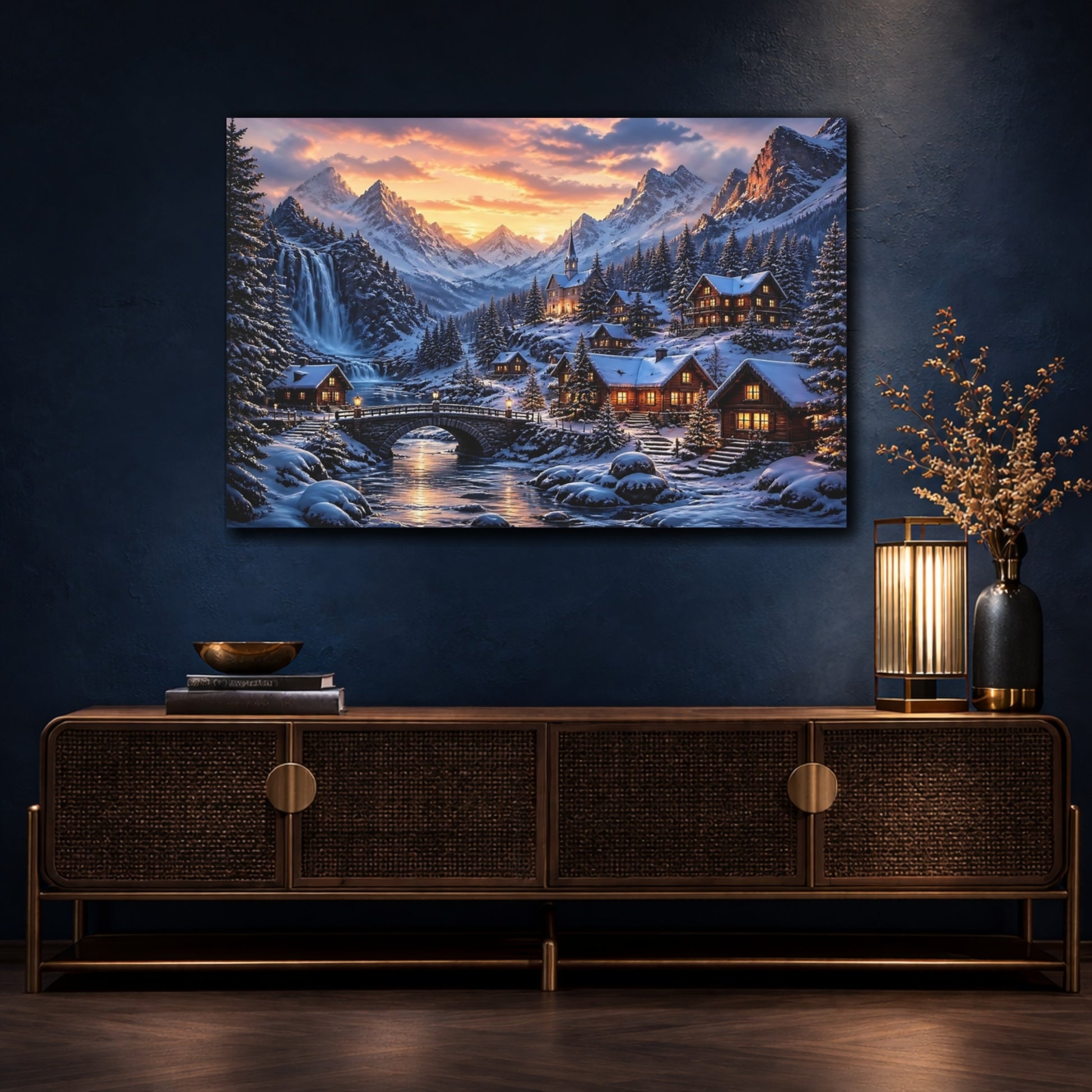 Mockup 4. Snowy Mountain Village shown as canvas print