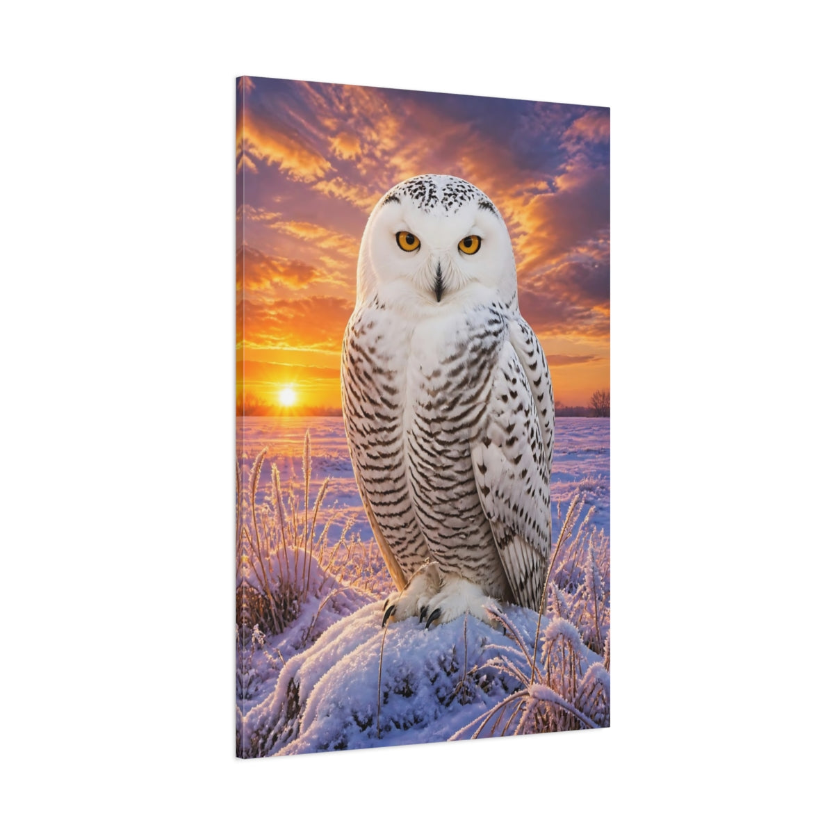 Side Mockup 1. Snowy Owl Animal Portrait shown as canvas print