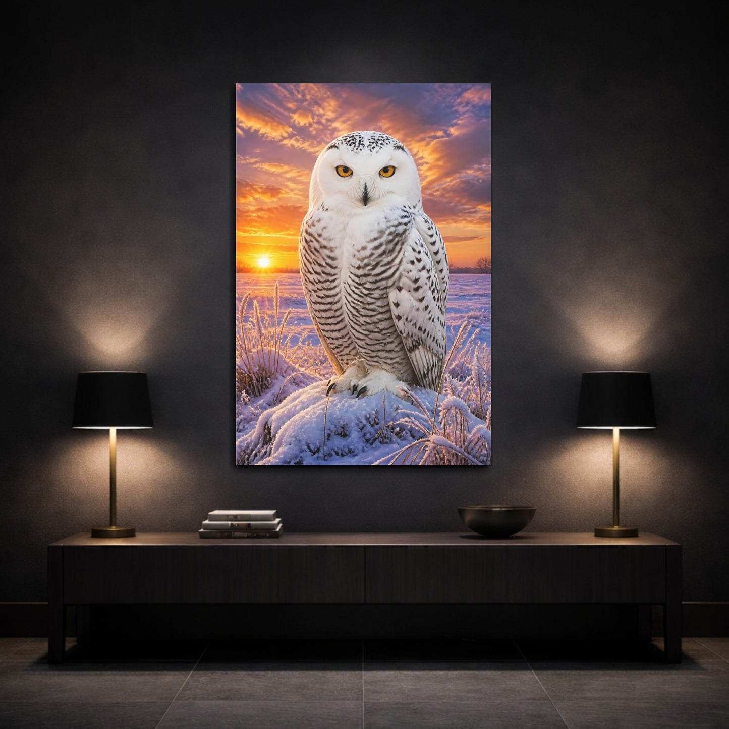 Mockup 3. Snowy Owl Animal Portrait shown as canvas print