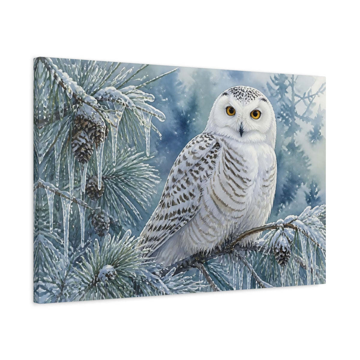 Side Mockup 2. Snowy Owl Winter Perch shown as canvas print