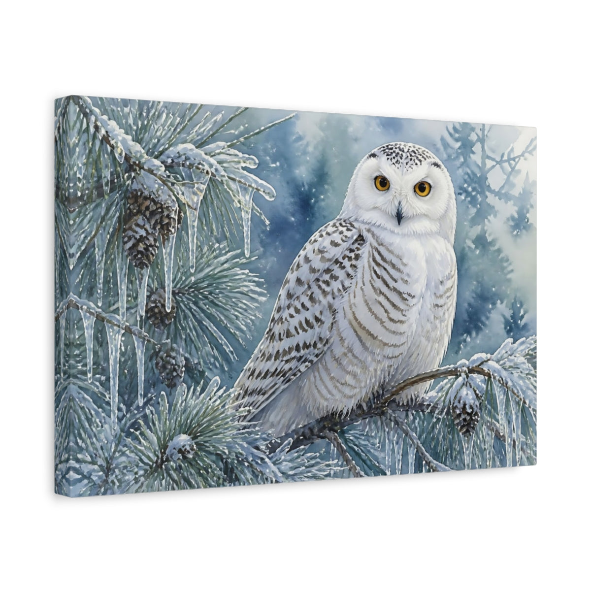 Side Mockup 4. Snowy Owl Winter Perch shown as canvas print