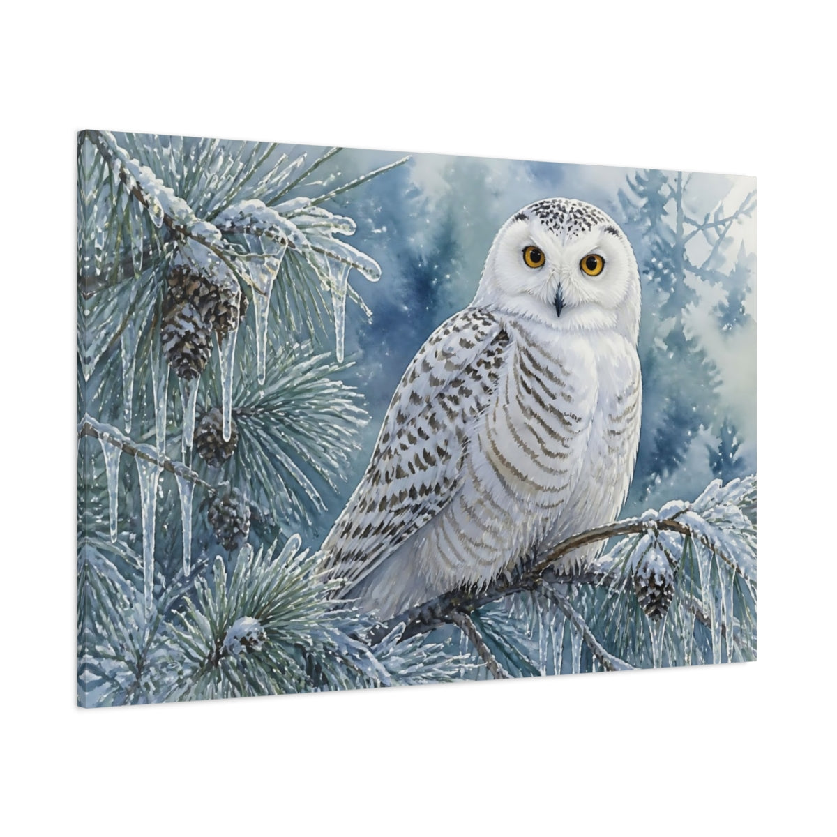 Side Mockup 1. Snowy Owl Winter Perch shown as canvas print