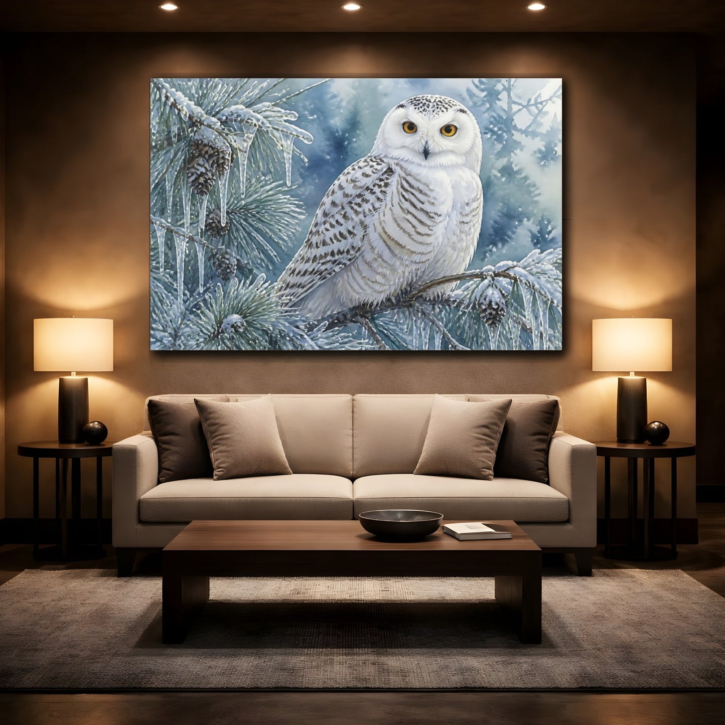 Mockup 2. Snowy Owl Winter Perch shown as canvas print