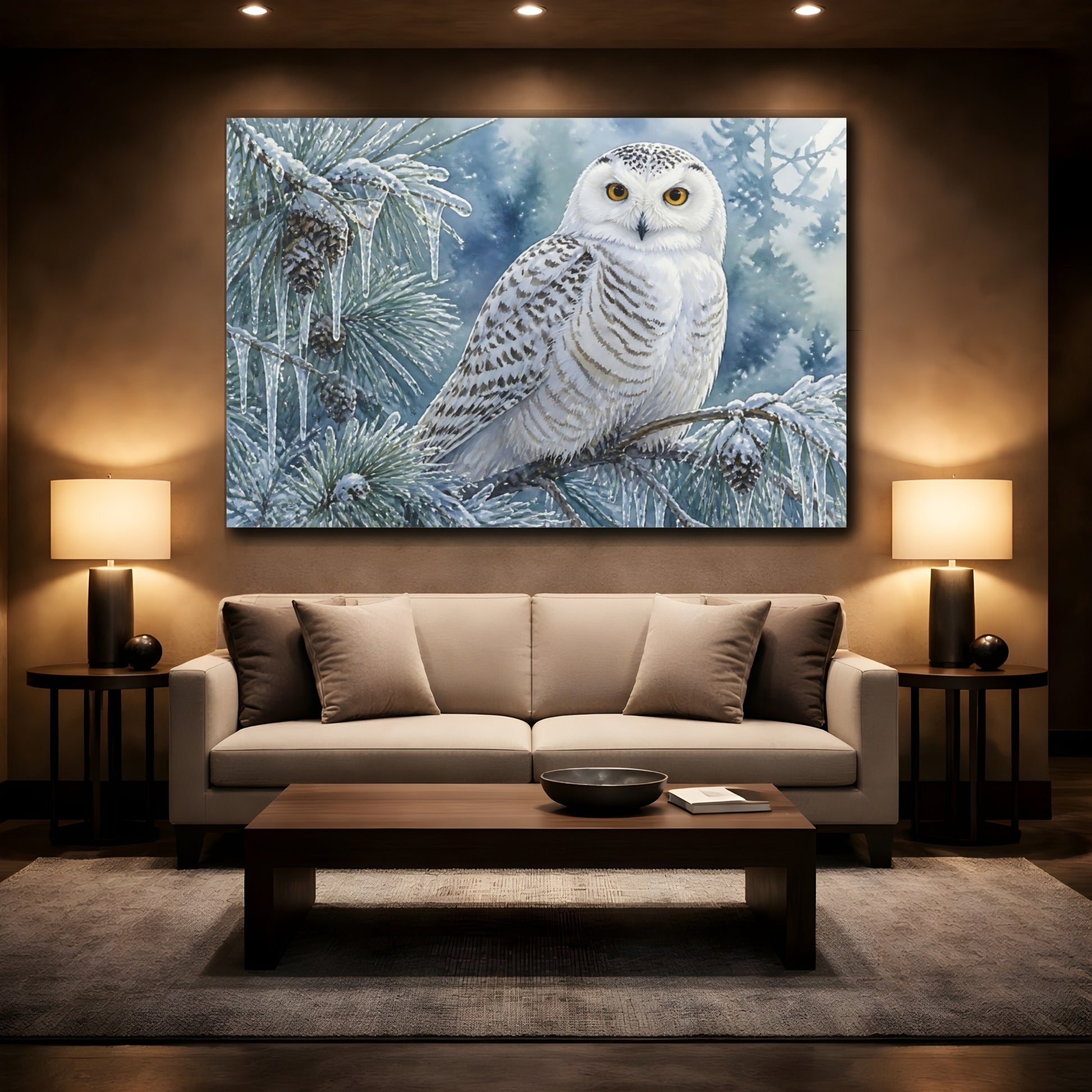 Mockup 2. Snowy Owl Winter Perch shown as canvas print