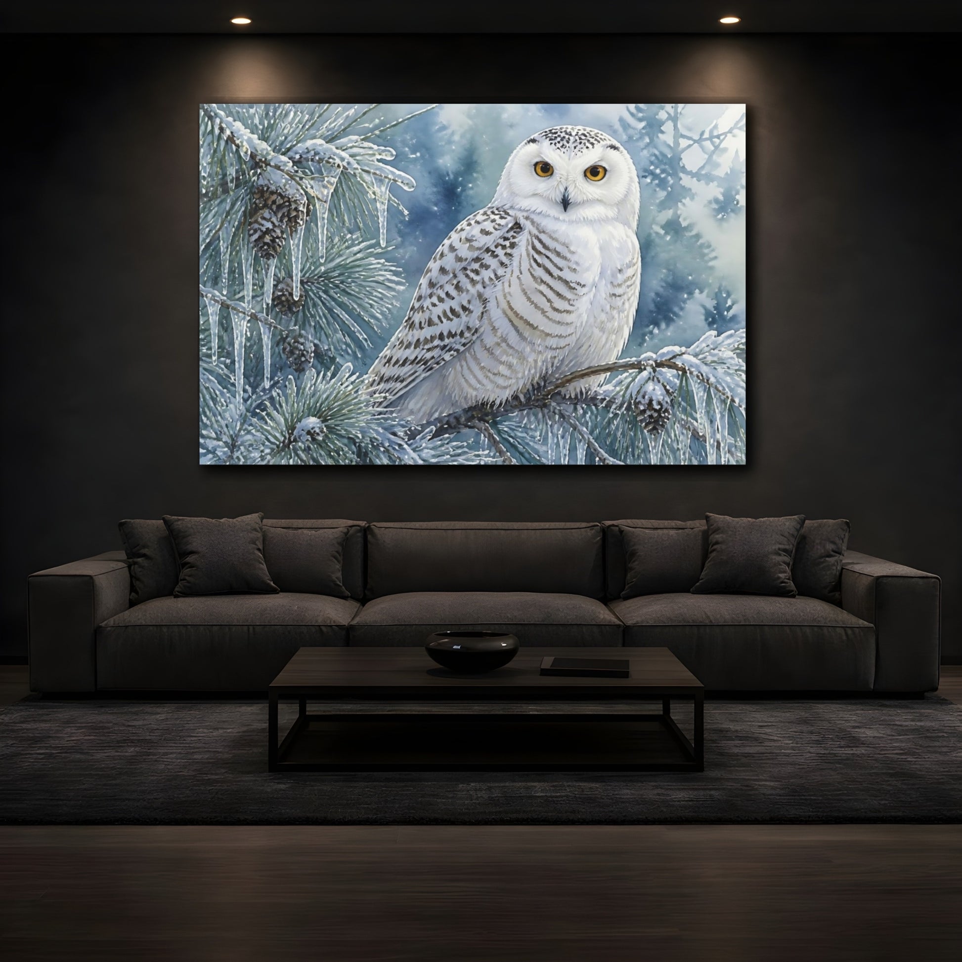 Mockup 3. Snowy Owl Winter Perch shown as canvas print