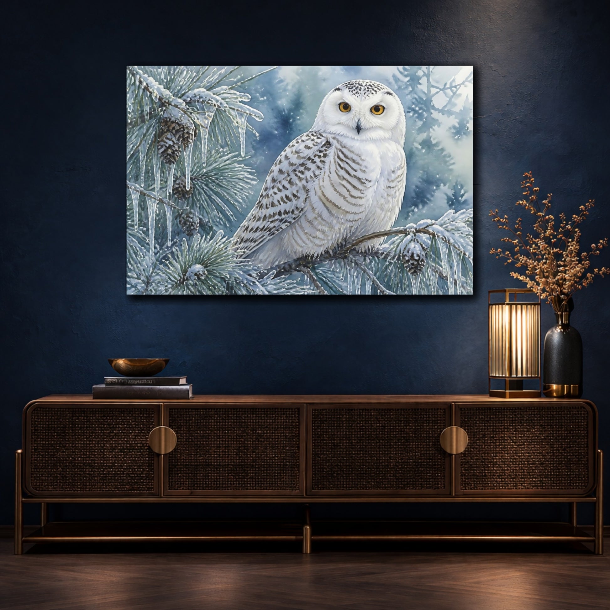 Mockup 4. Snowy Owl Winter Perch shown as canvas print