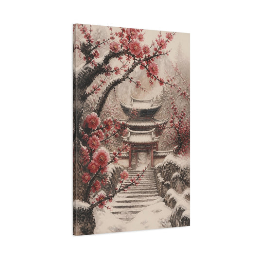 Main Mockup. Snowy Plum Temple Gate shown as canvas print