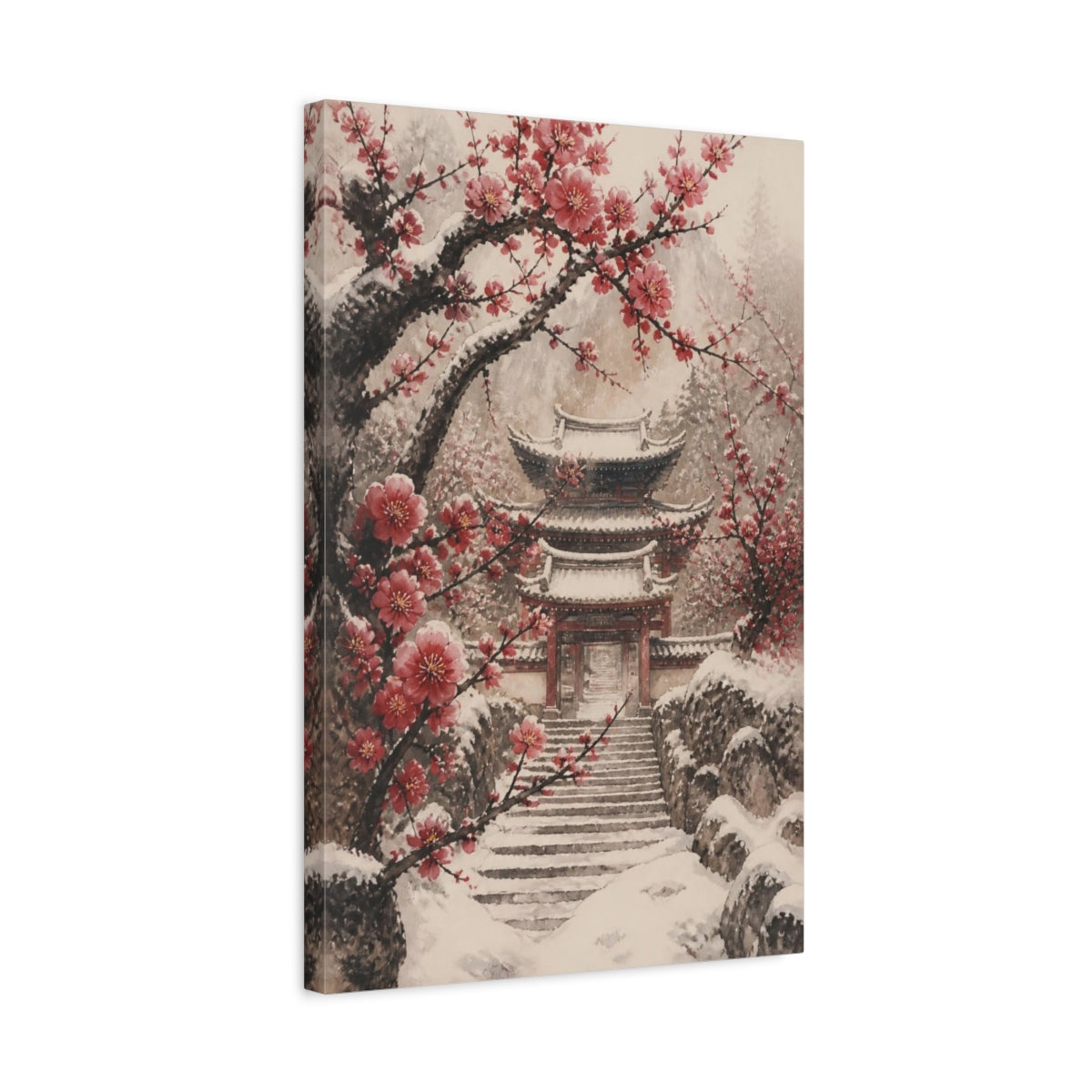 Side Mockup 3. Snowy Plum Temple Gate shown as canvas print