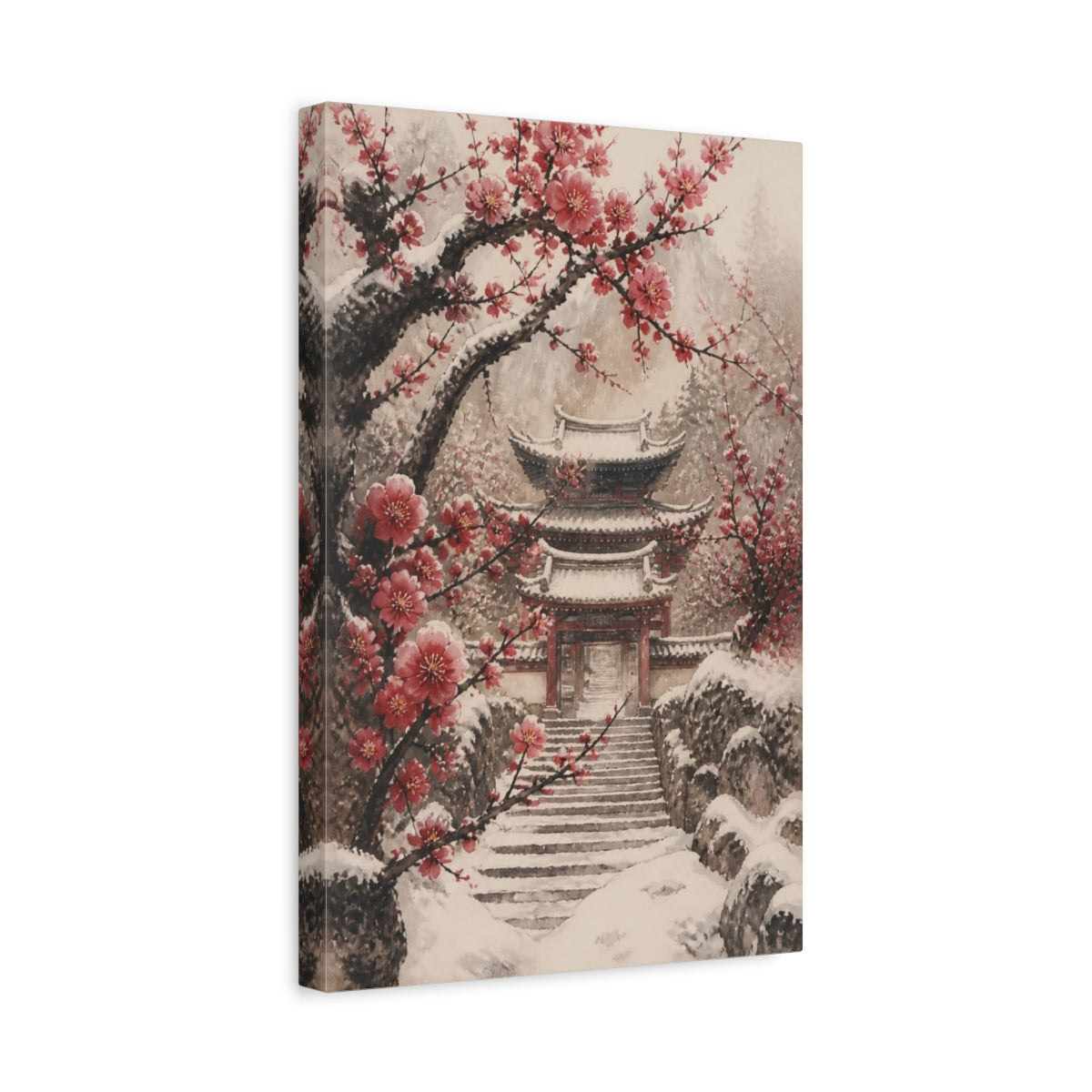 Side Mockup 4. Snowy Plum Temple Gate shown as canvas print