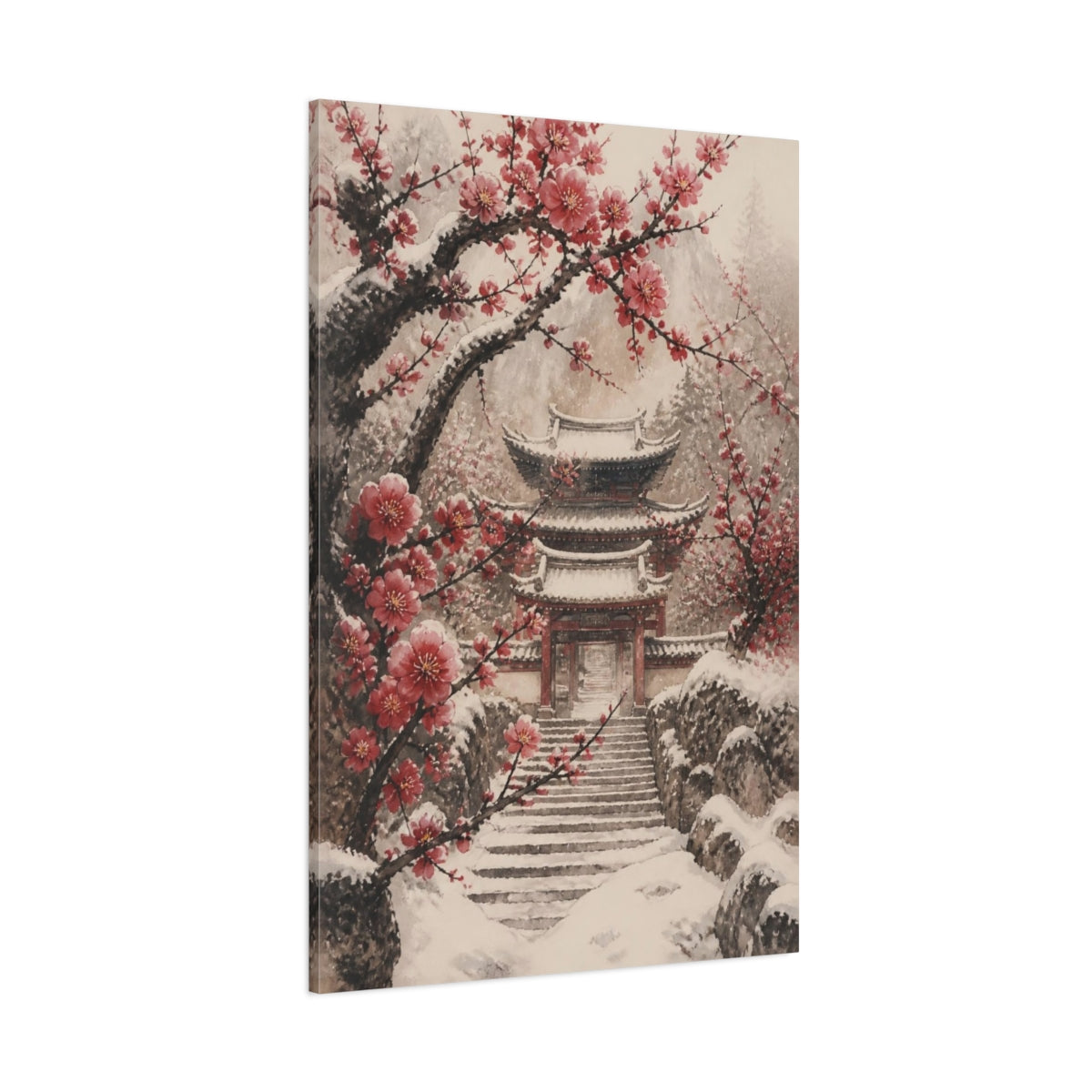Side Mockup 1. Snowy Plum Temple Gate shown as canvas print