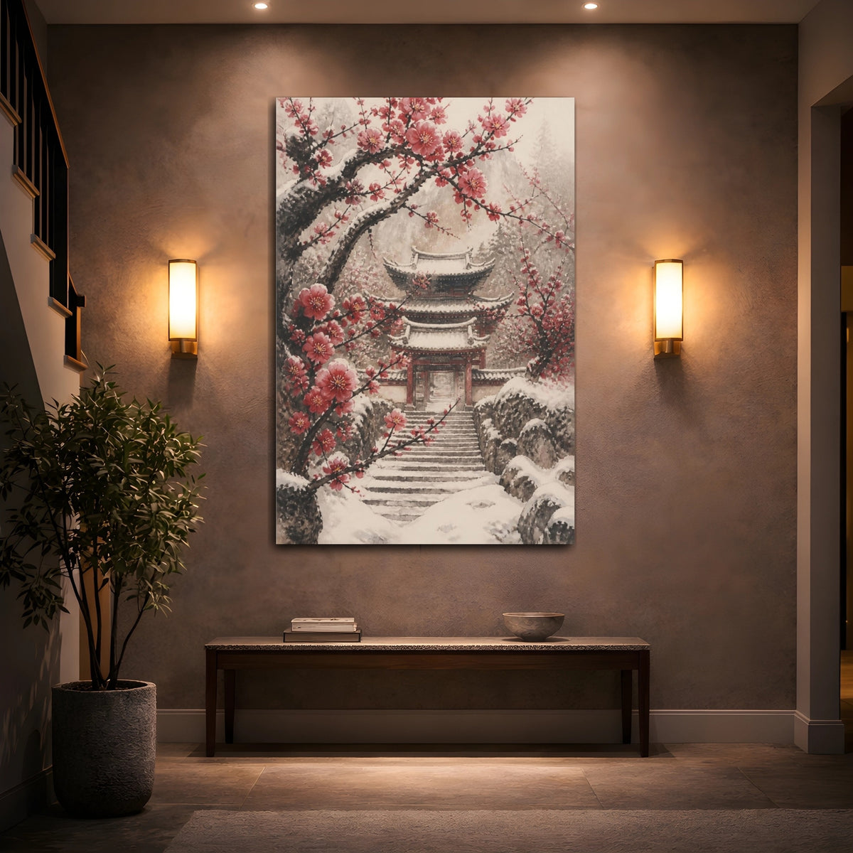 Mockup 2. Snowy Plum Temple Gate shown as canvas print