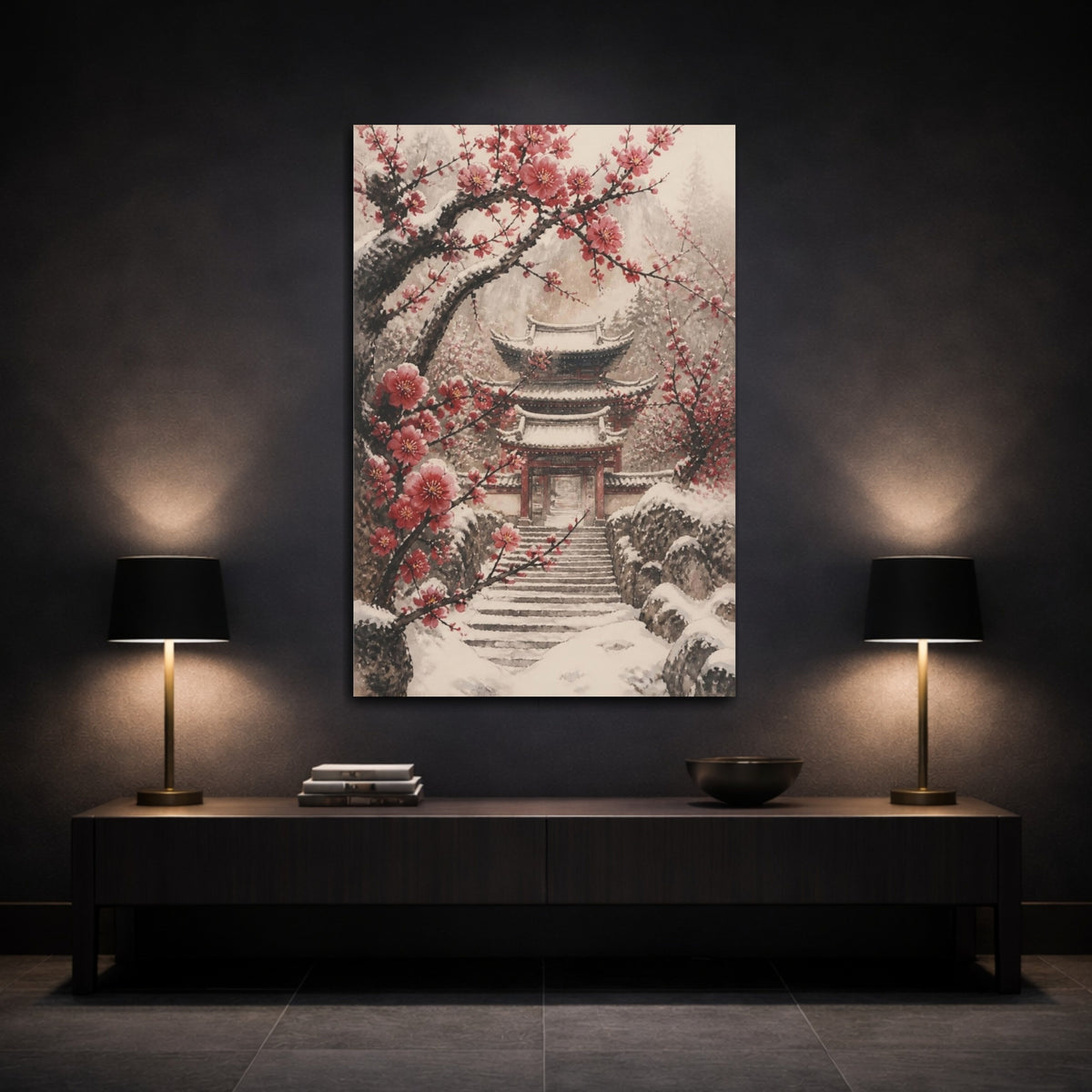 Mockup 3. Snowy Plum Temple Gate shown as canvas print