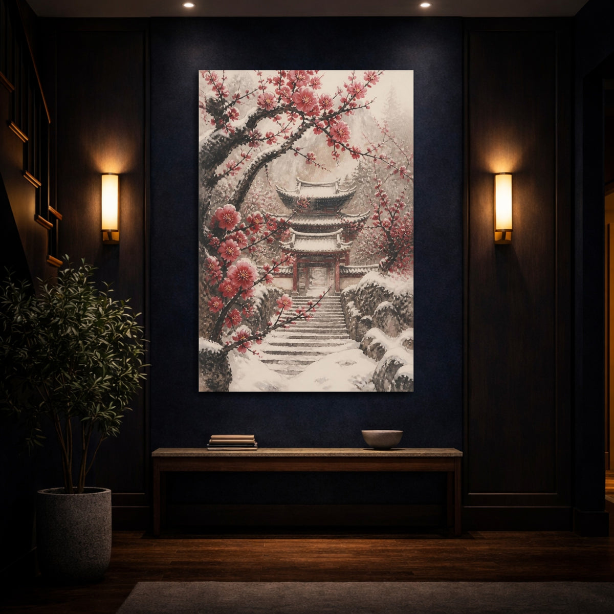 Mockup 4. Snowy Plum Temple Gate shown as canvas print