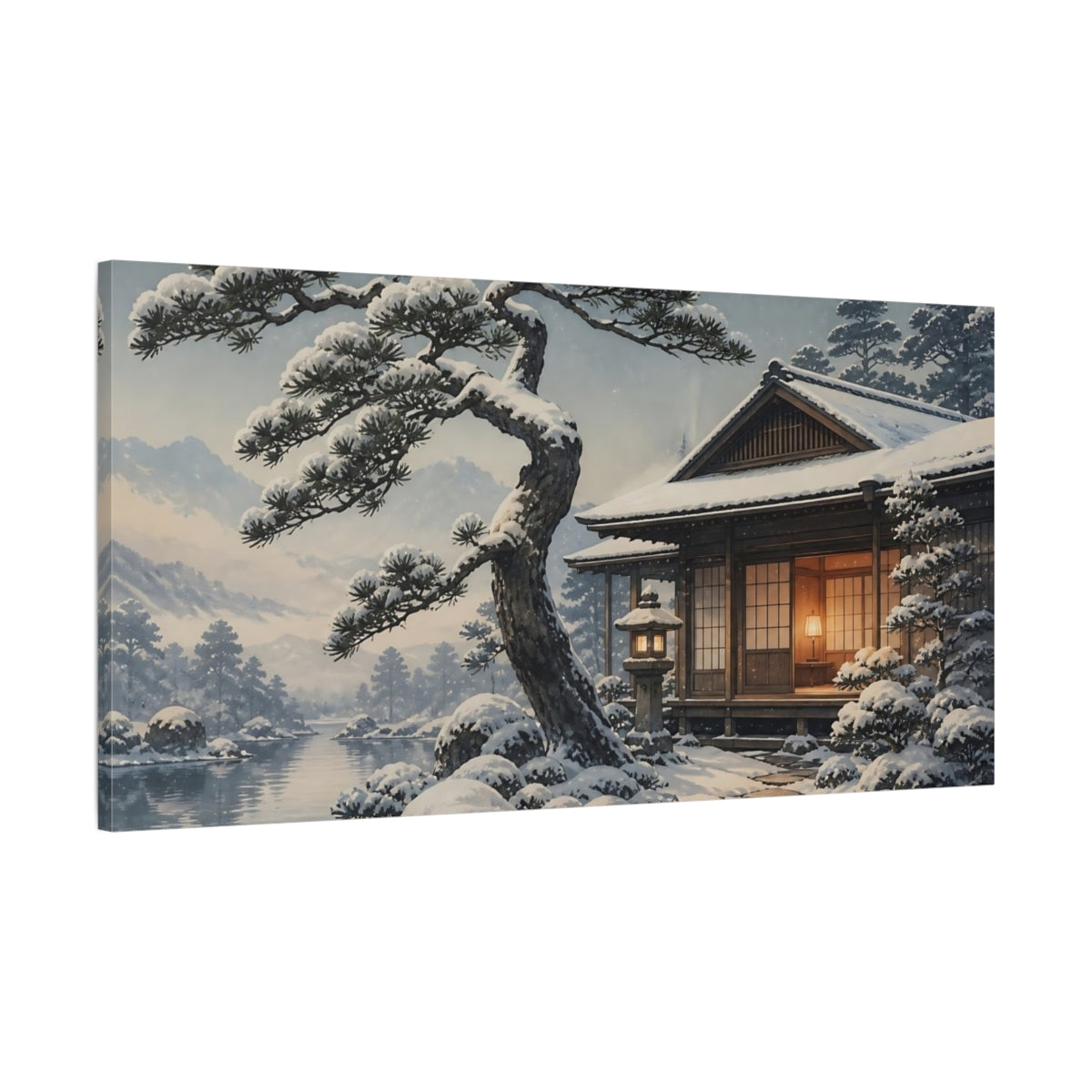Main Mockup. Snowy Tea House Retreat shown as canvas print