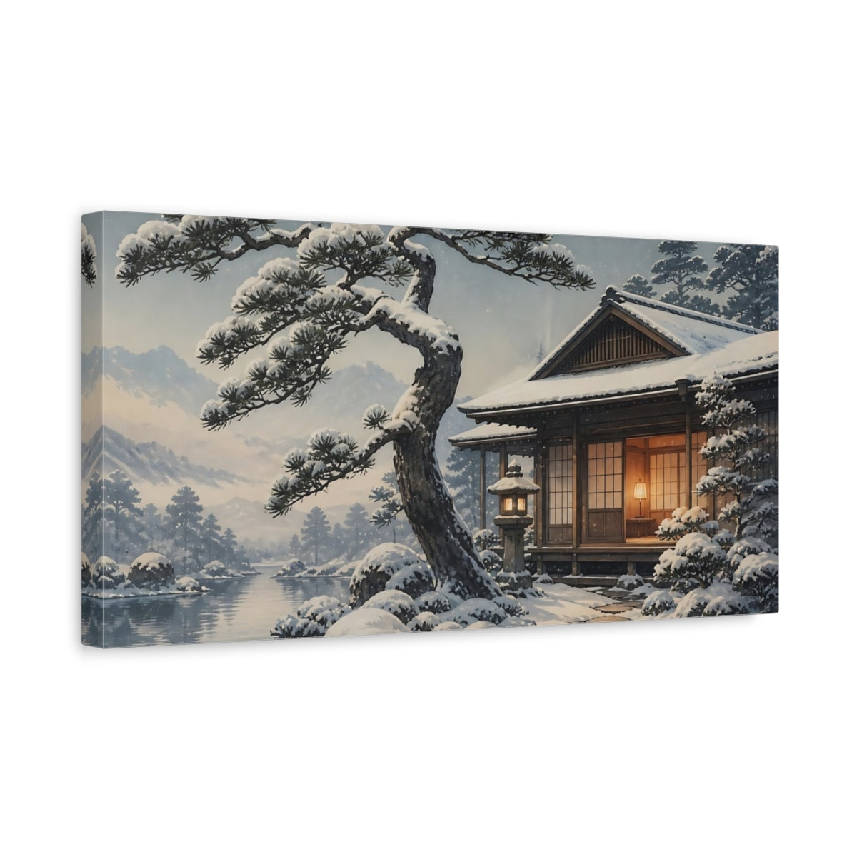Side Mockup 3. Snowy Tea House Retreat shown as canvas print