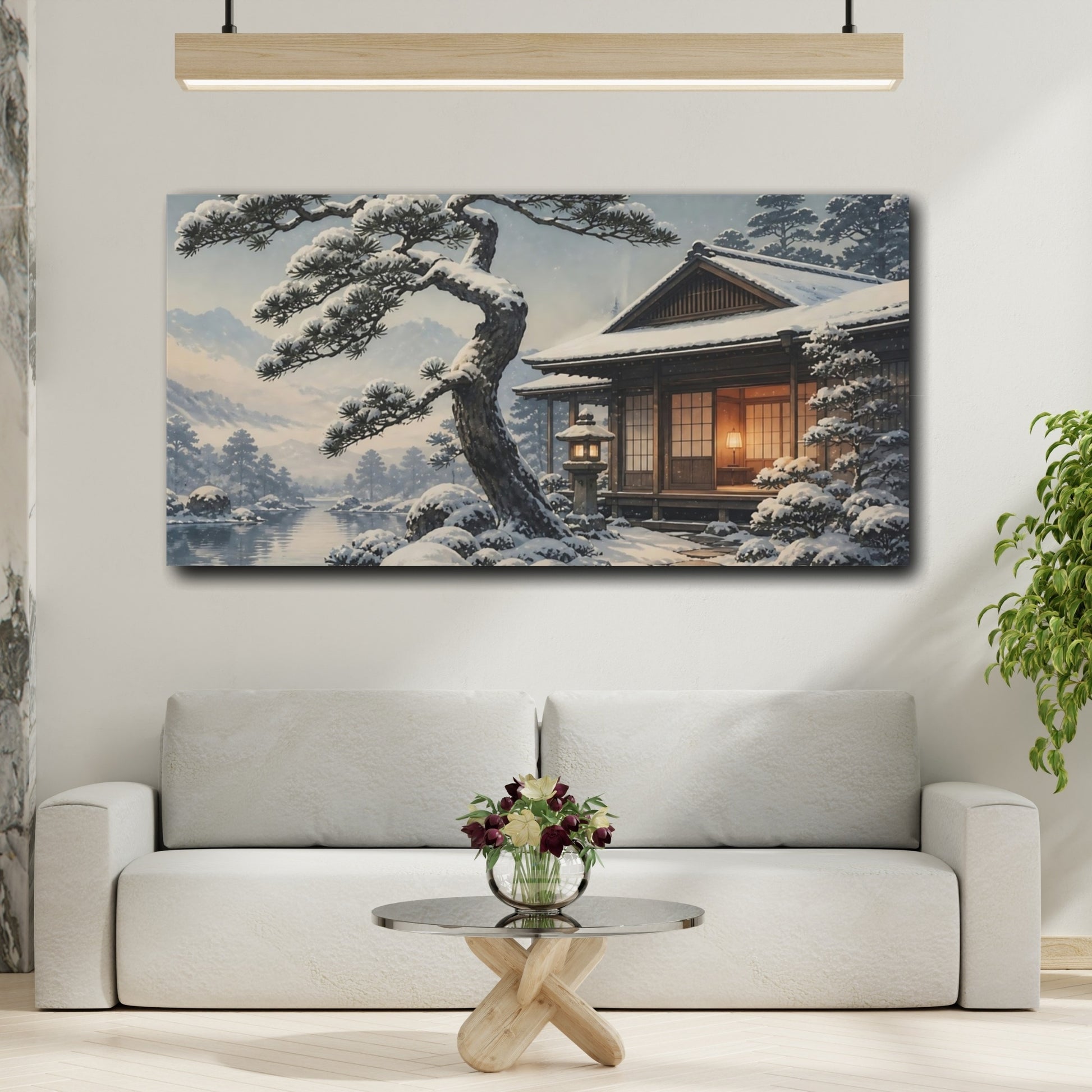 Mockup 2. Snowy Tea House Retreat shown as canvas print
