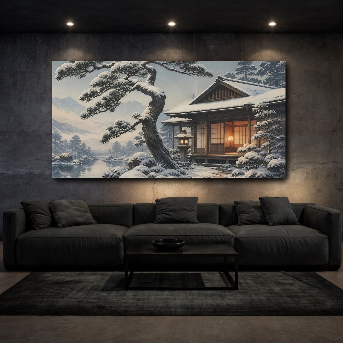 Mockup 3. Snowy Tea House Retreat shown as canvas print