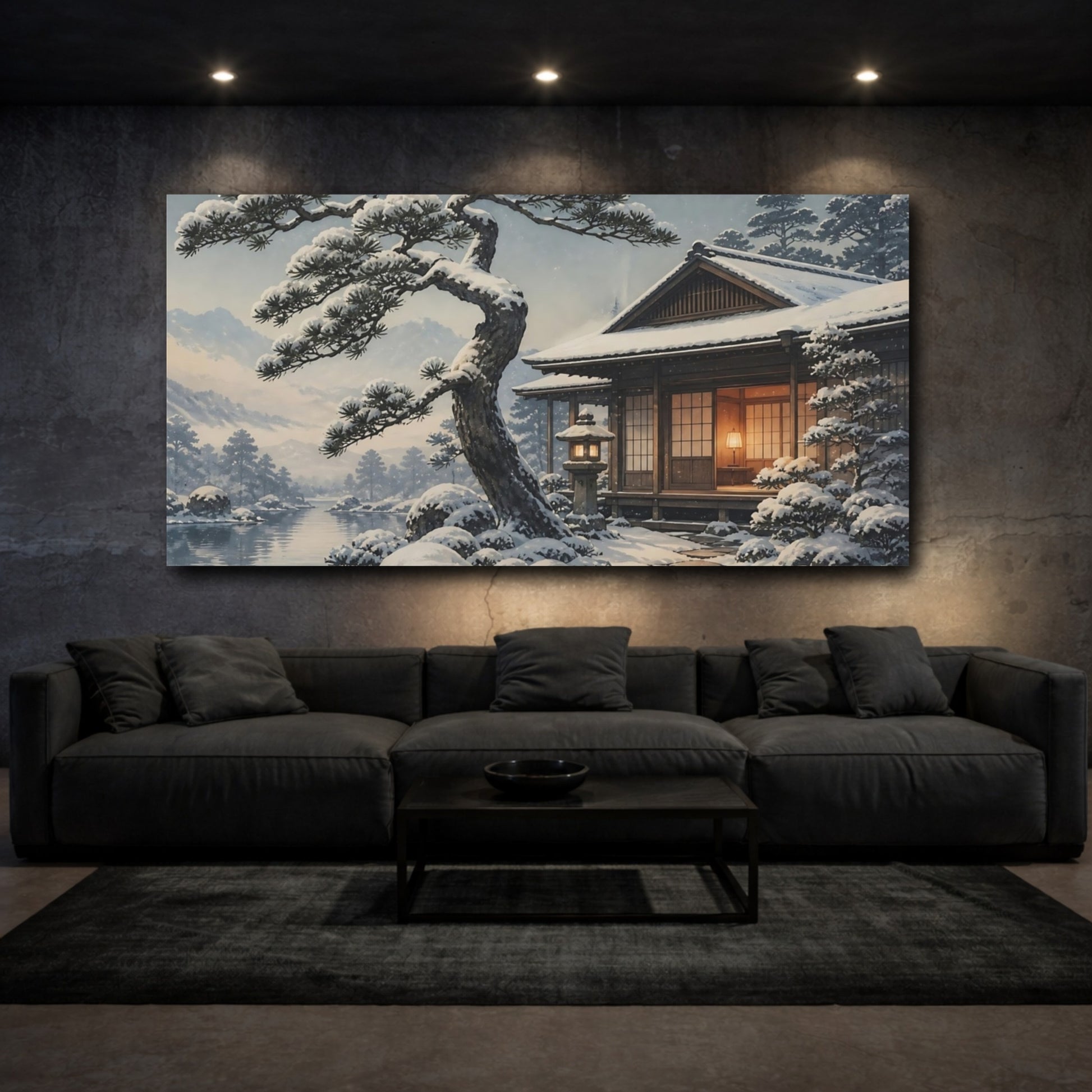 Mockup 3. Snowy Tea House Retreat shown as canvas print