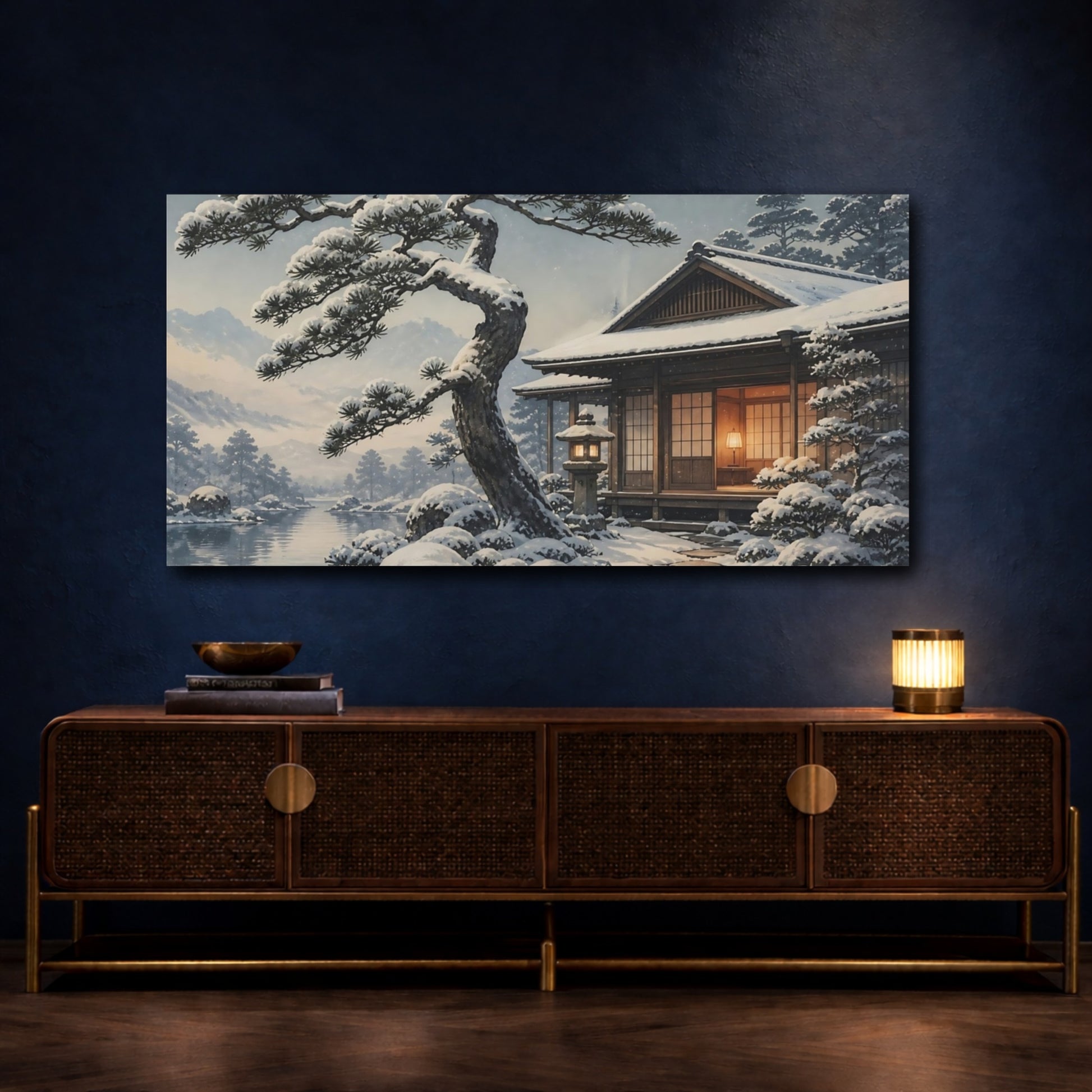 Mockup 4. Snowy Tea House Retreat shown as canvas print