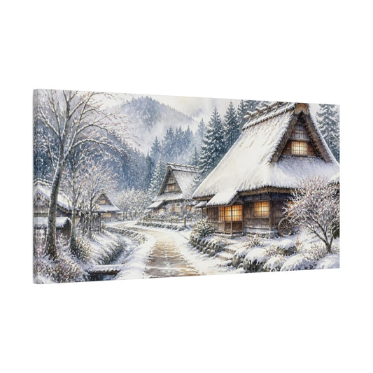 Main Mockup. Snowy Thatched Village shown as canvas print