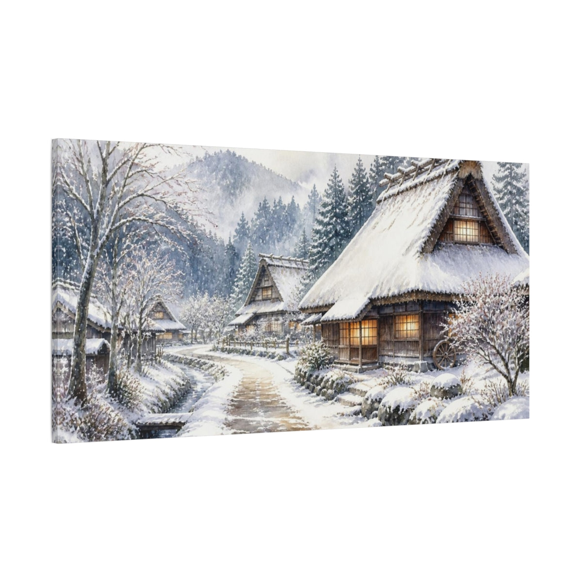 Side Mockup 2. Snowy Thatched Village shown as canvas print