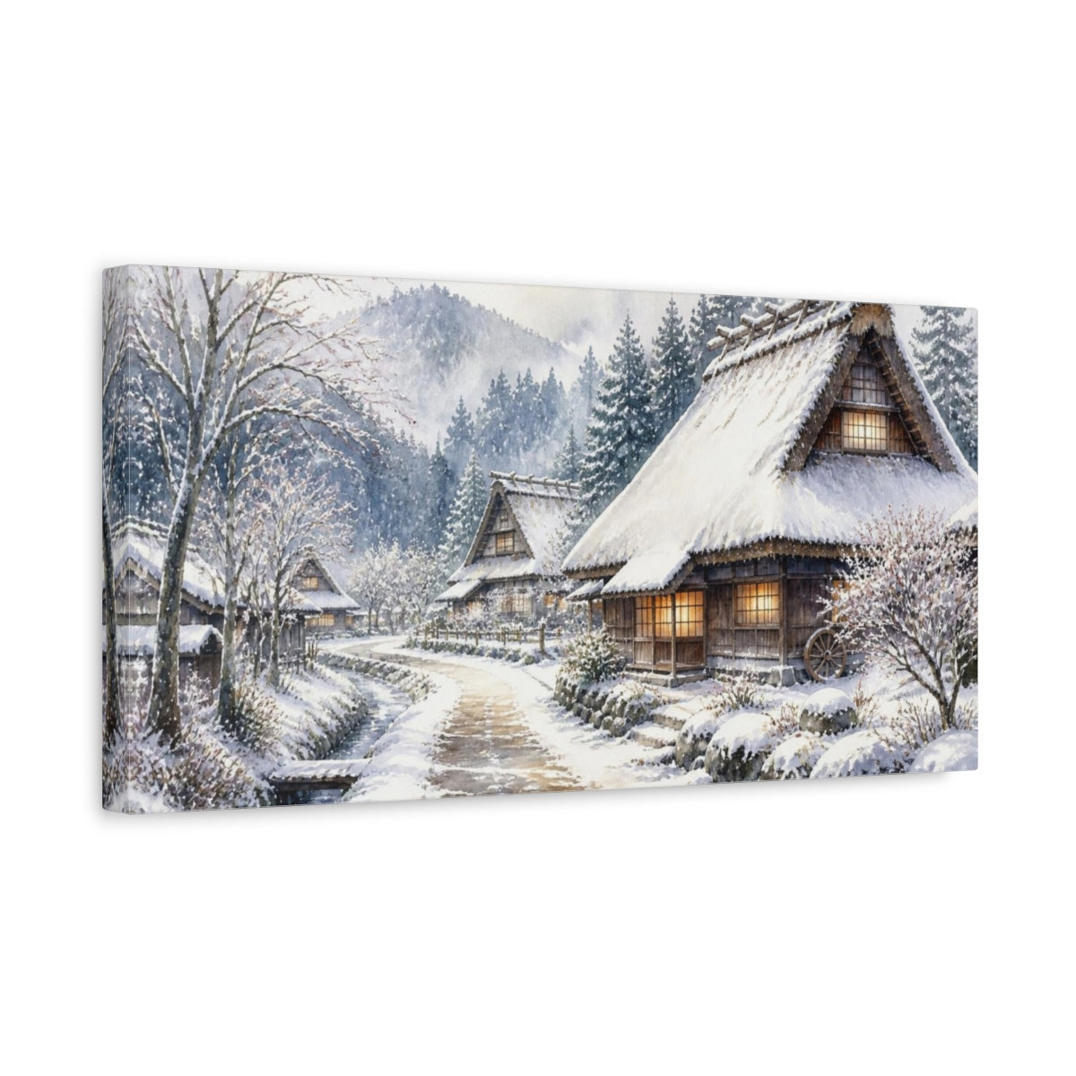 Side Mockup 3. Snowy Thatched Village shown as canvas print