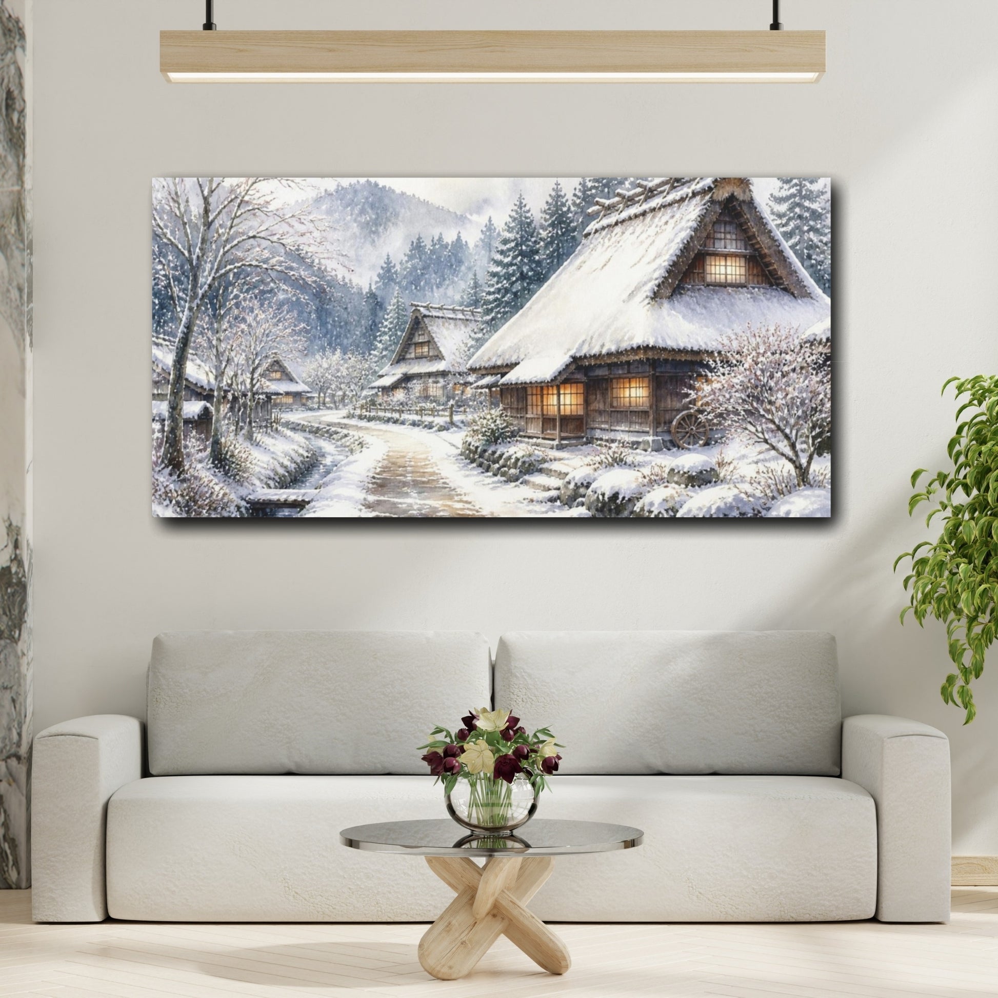 Mockup 2. Snowy Thatched Village shown as canvas print