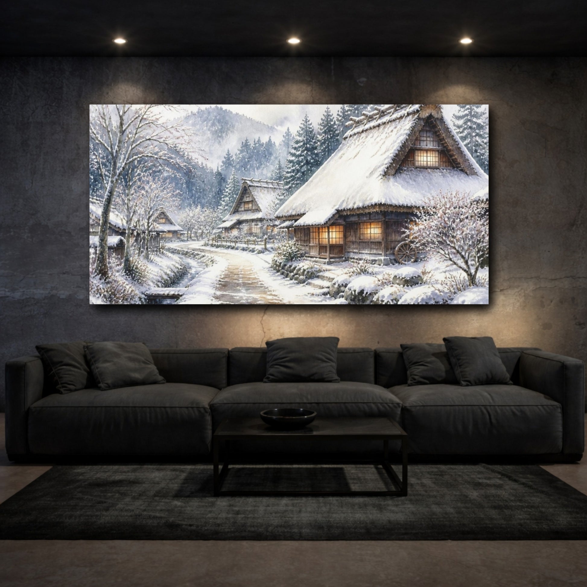 Mockup 3. Snowy Thatched Village shown as canvas print
