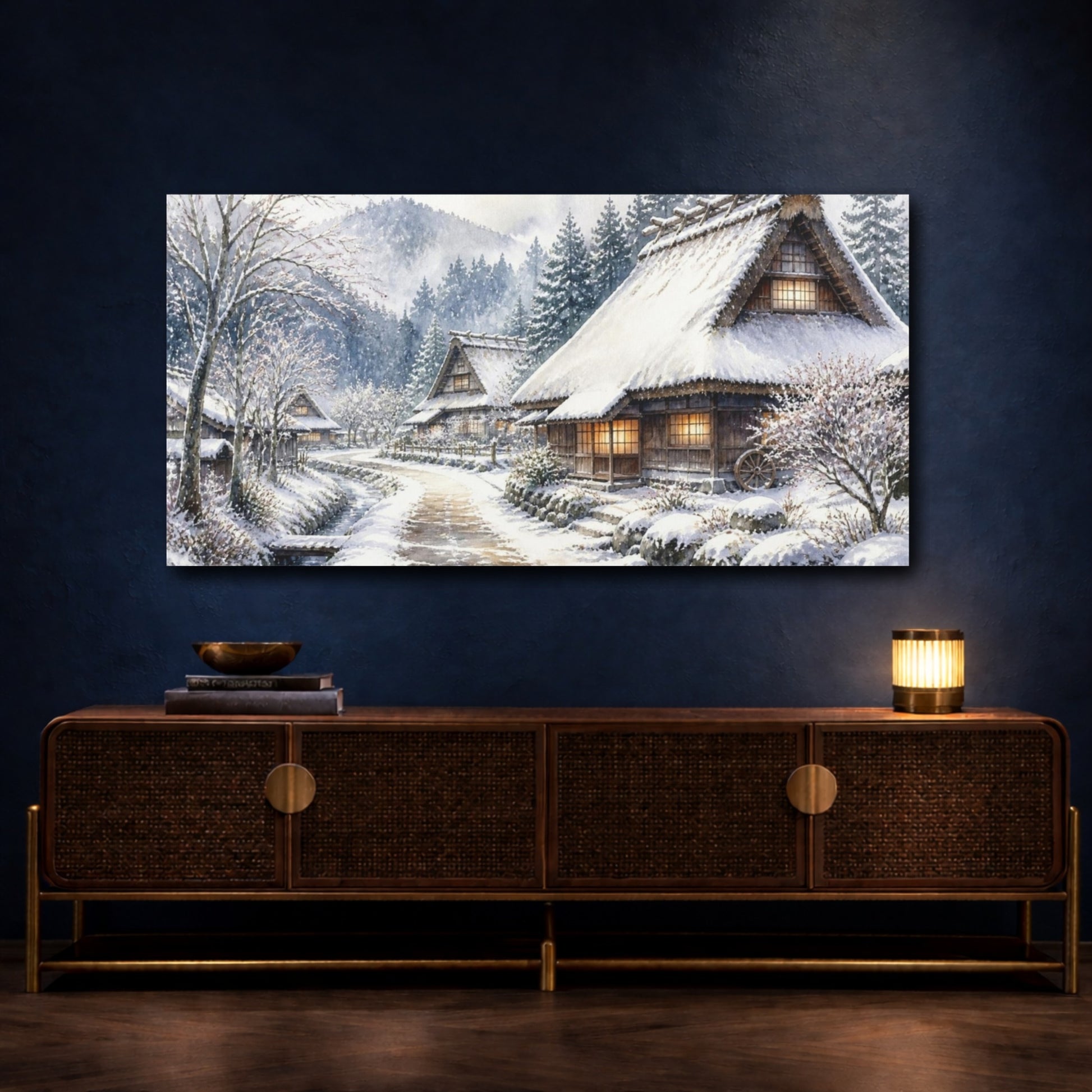 Mockup 4. Snowy Thatched Village shown as canvas print