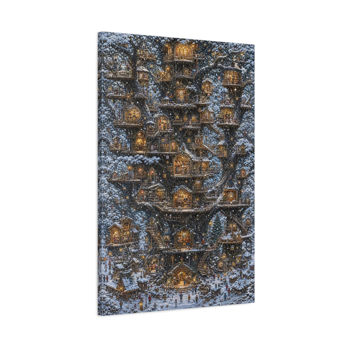 Main Mockup. Snowy Treehouse Village shown as canvas print