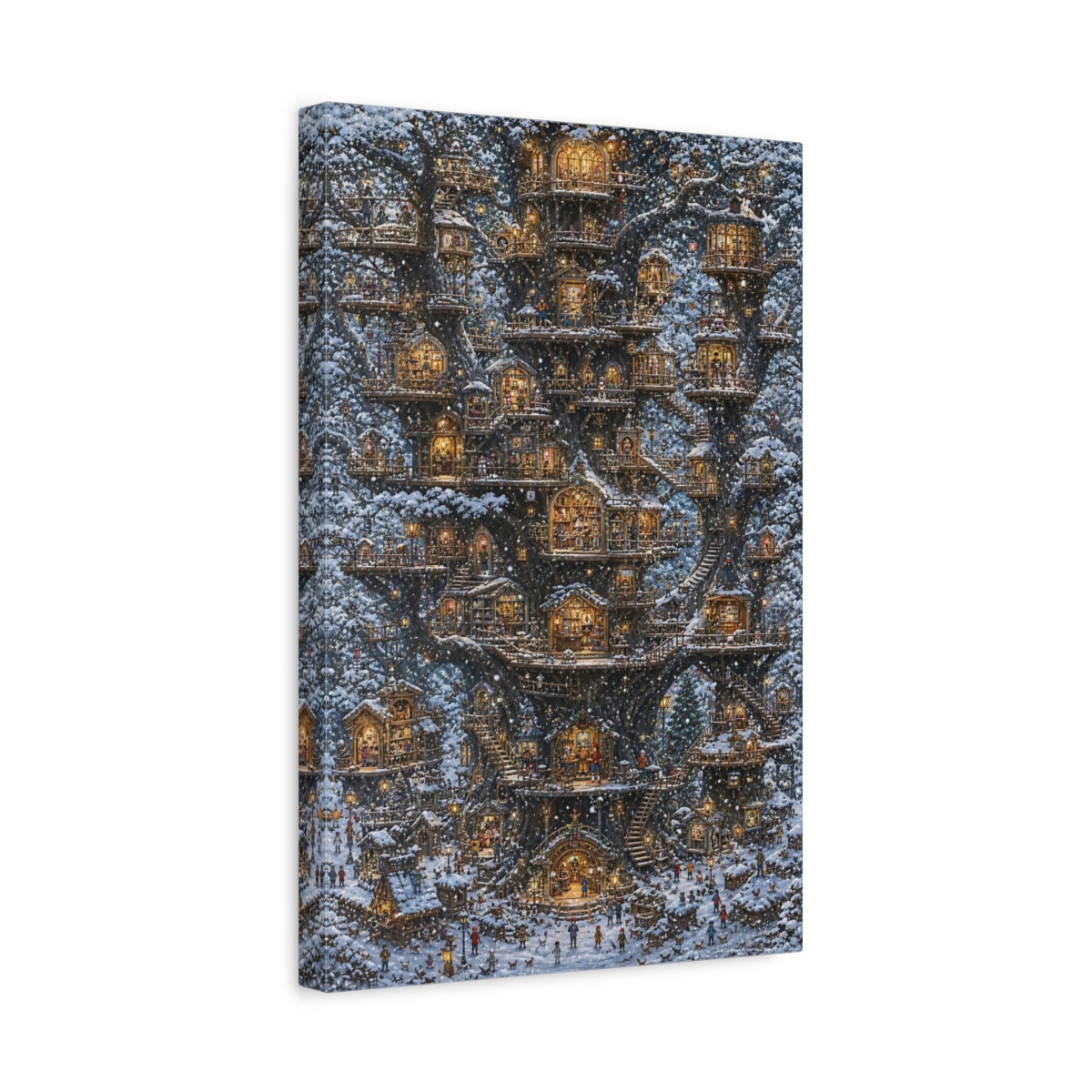 Side Mockup 4. Snowy Treehouse Village shown as canvas print