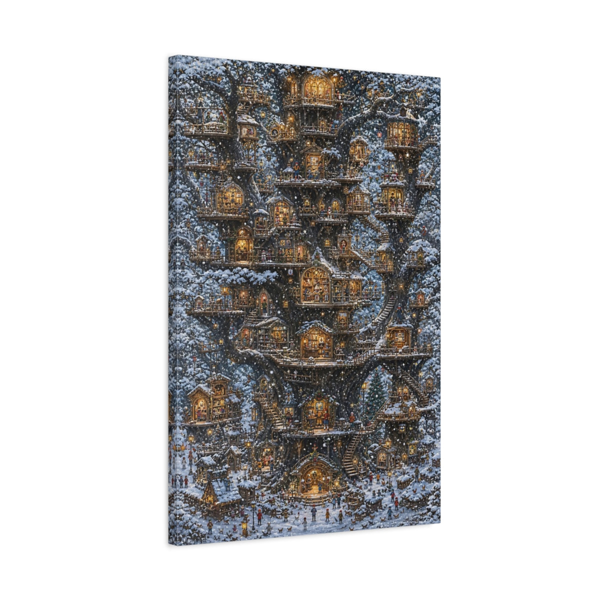 Side Mockup 2. Snowy Treehouse Village shown as canvas print