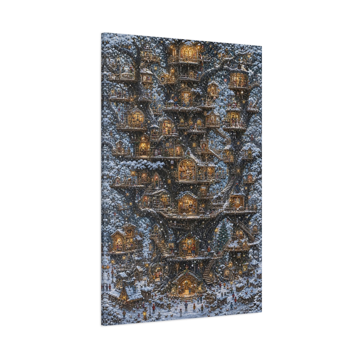 Side Mockup 1. Snowy Treehouse Village shown as canvas print