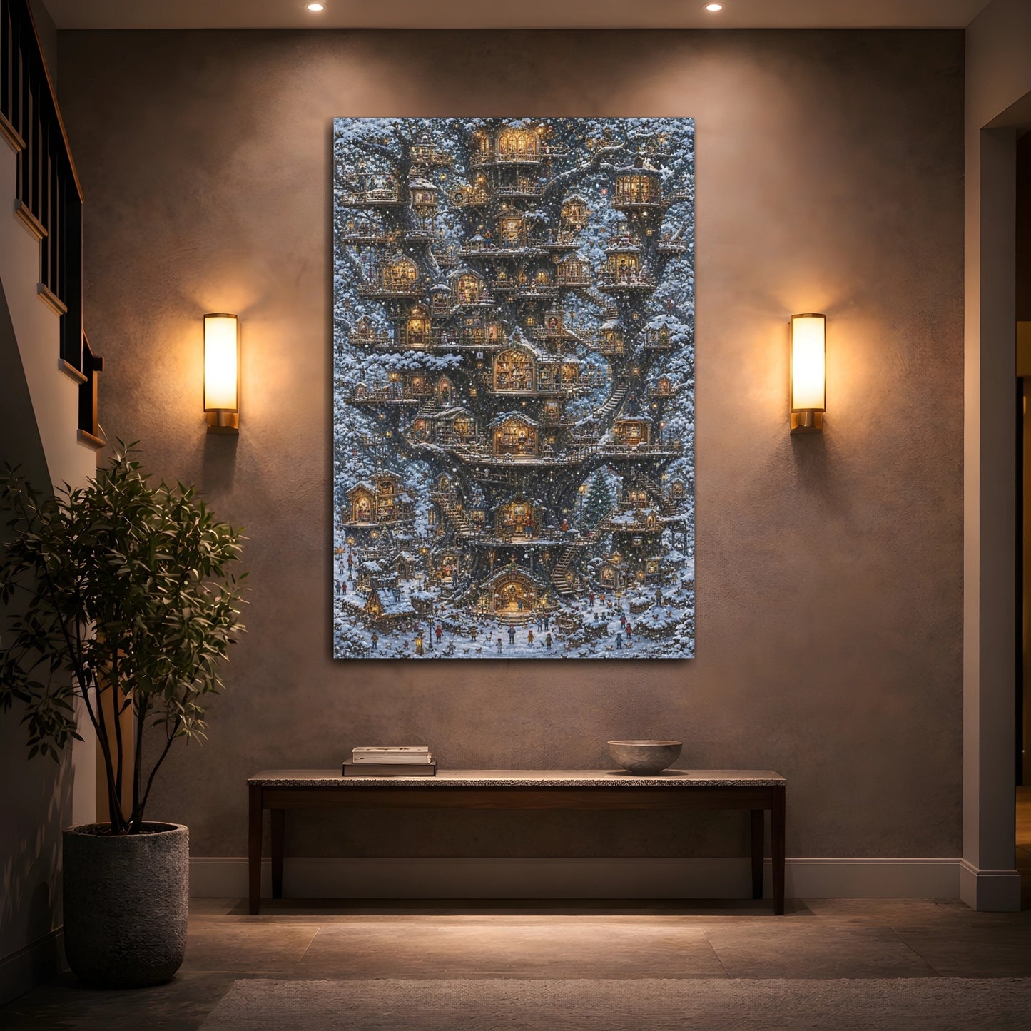 Mockup 2. Snowy Treehouse Village shown as canvas print