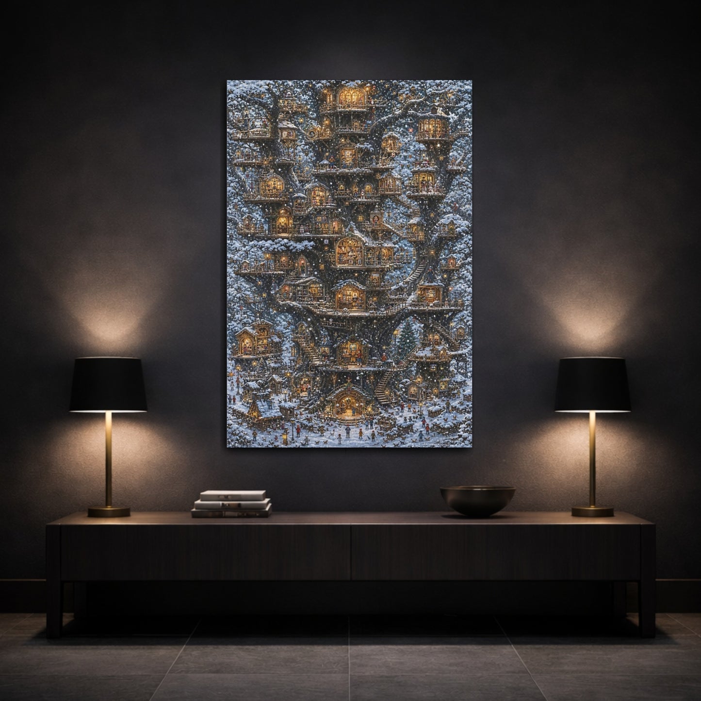Mockup 3. Snowy Treehouse Village shown as canvas print