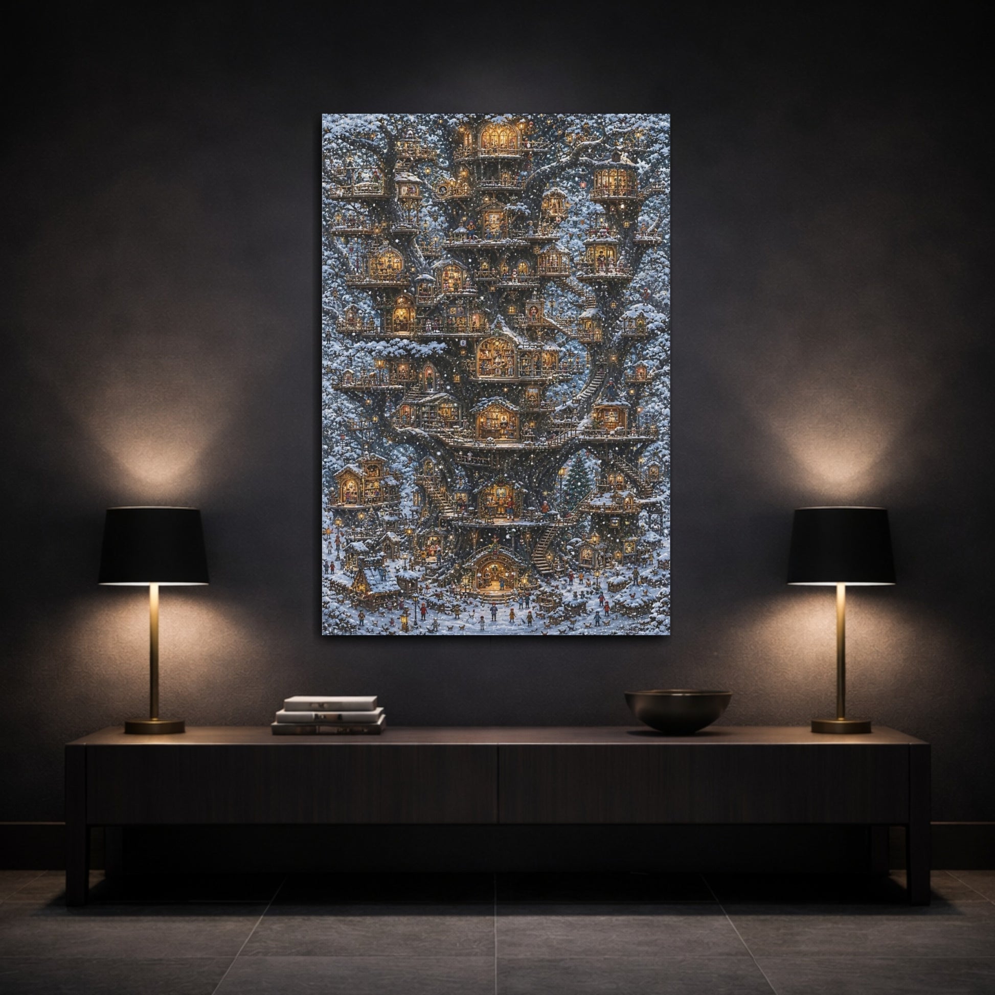 Mockup 3. Snowy Treehouse Village shown as canvas print
