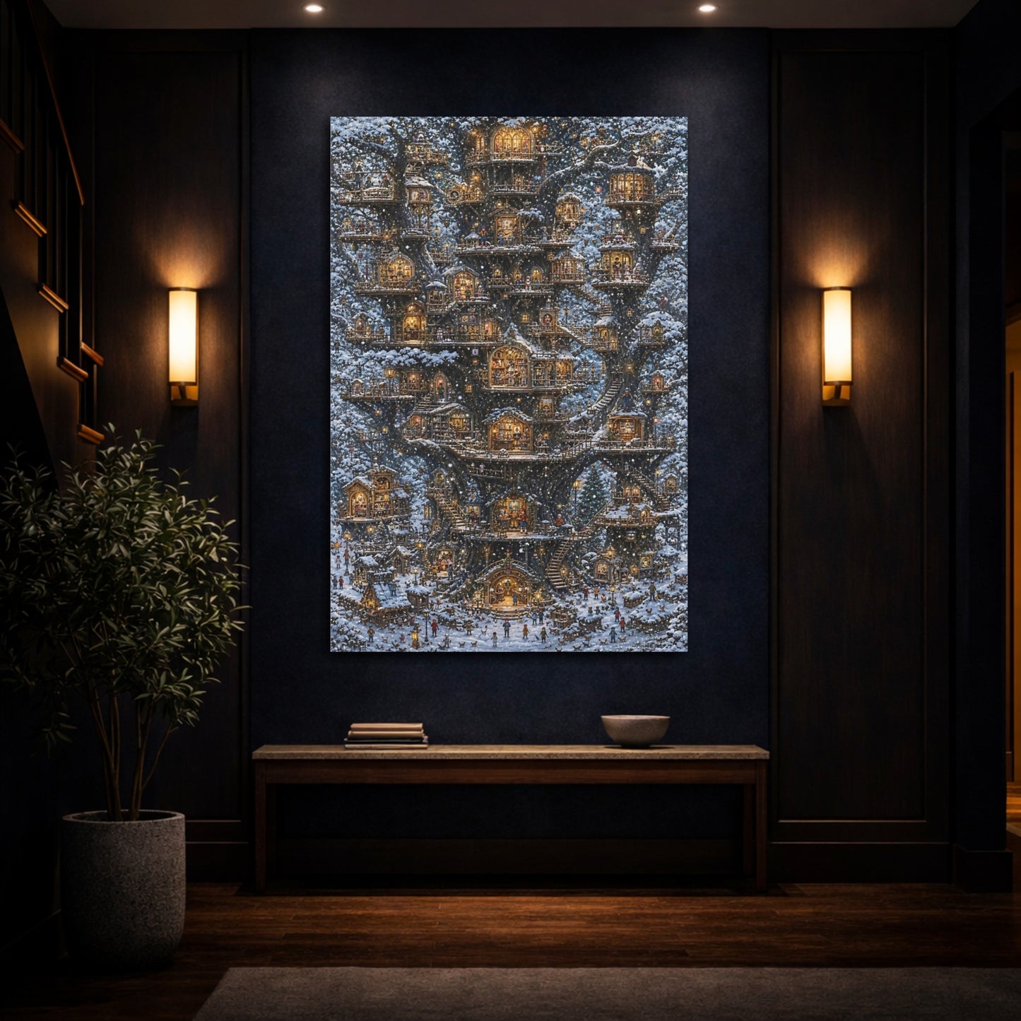 Mockup 4. Snowy Treehouse Village shown as canvas print
