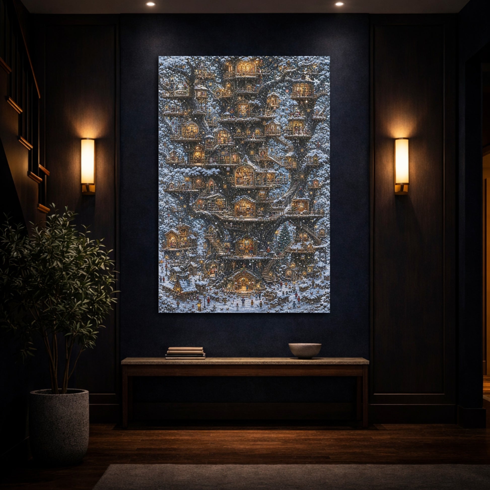 Mockup 4. Snowy Treehouse Village shown as canvas print