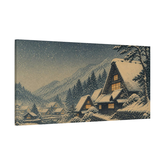 Main Mockup. Snowy Village With Amber Windows shown as canvas print
