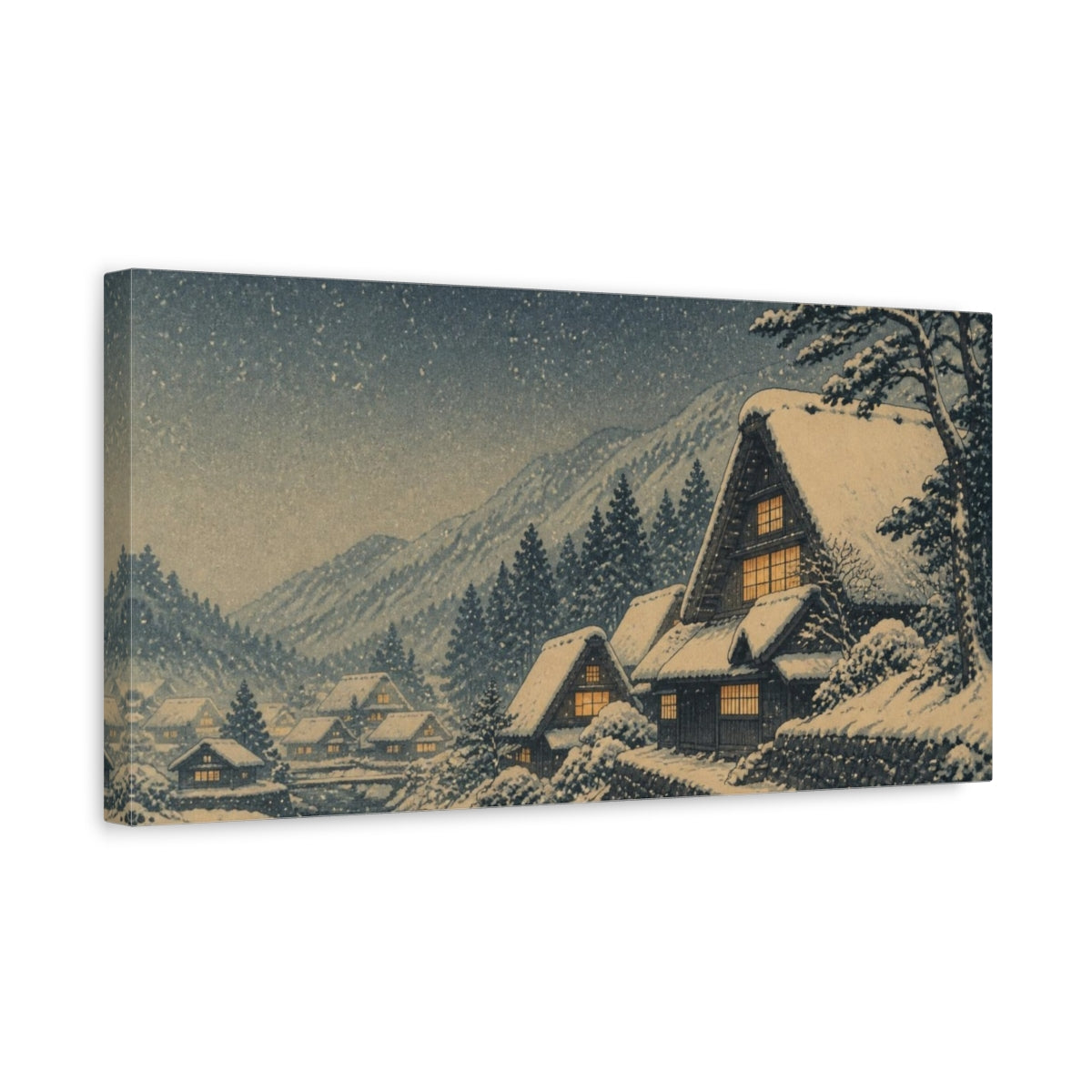 Side Mockup 3. Snowy Village With Amber Windows shown as canvas print