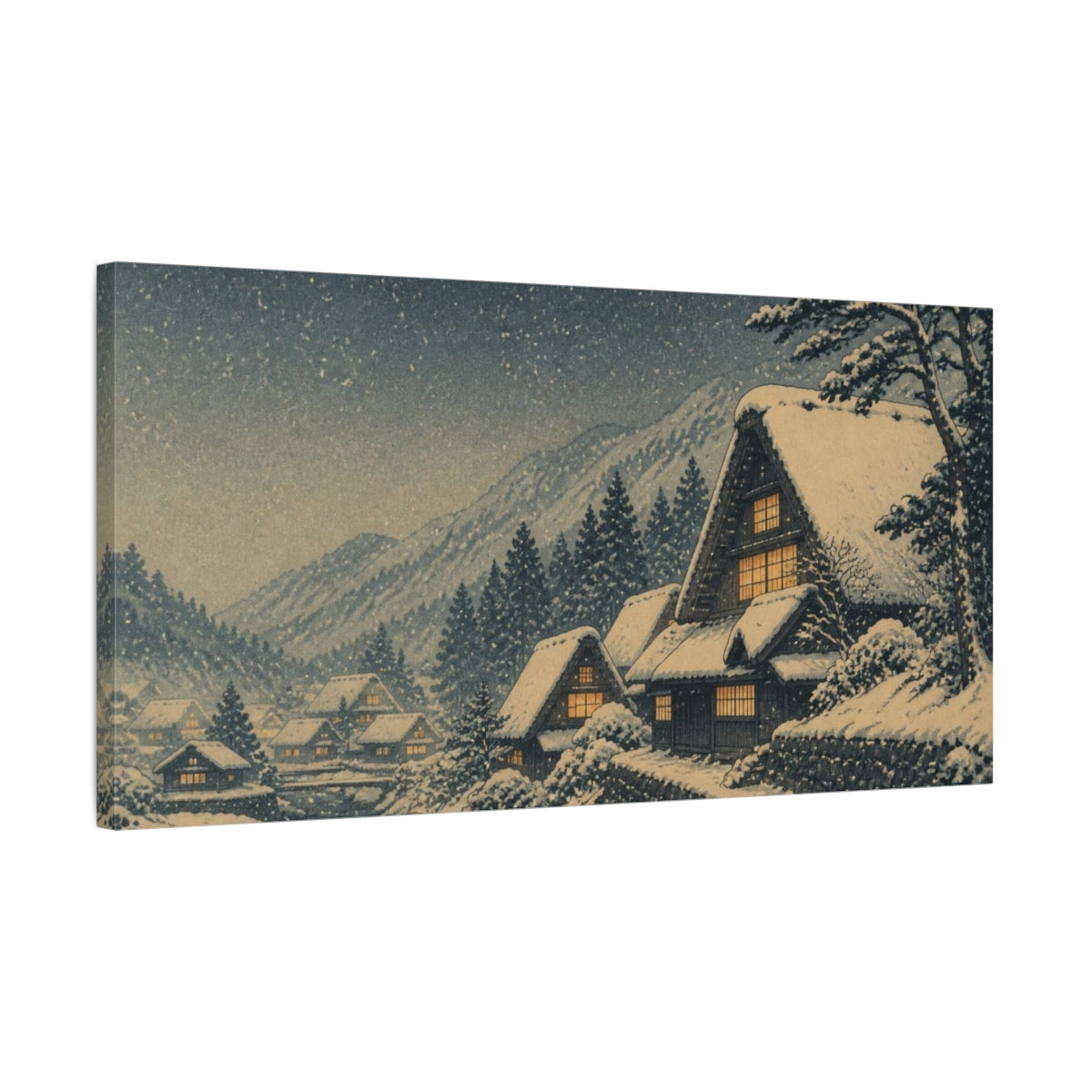 Side Mockup 1. Snowy Village With Amber Windows shown as canvas print