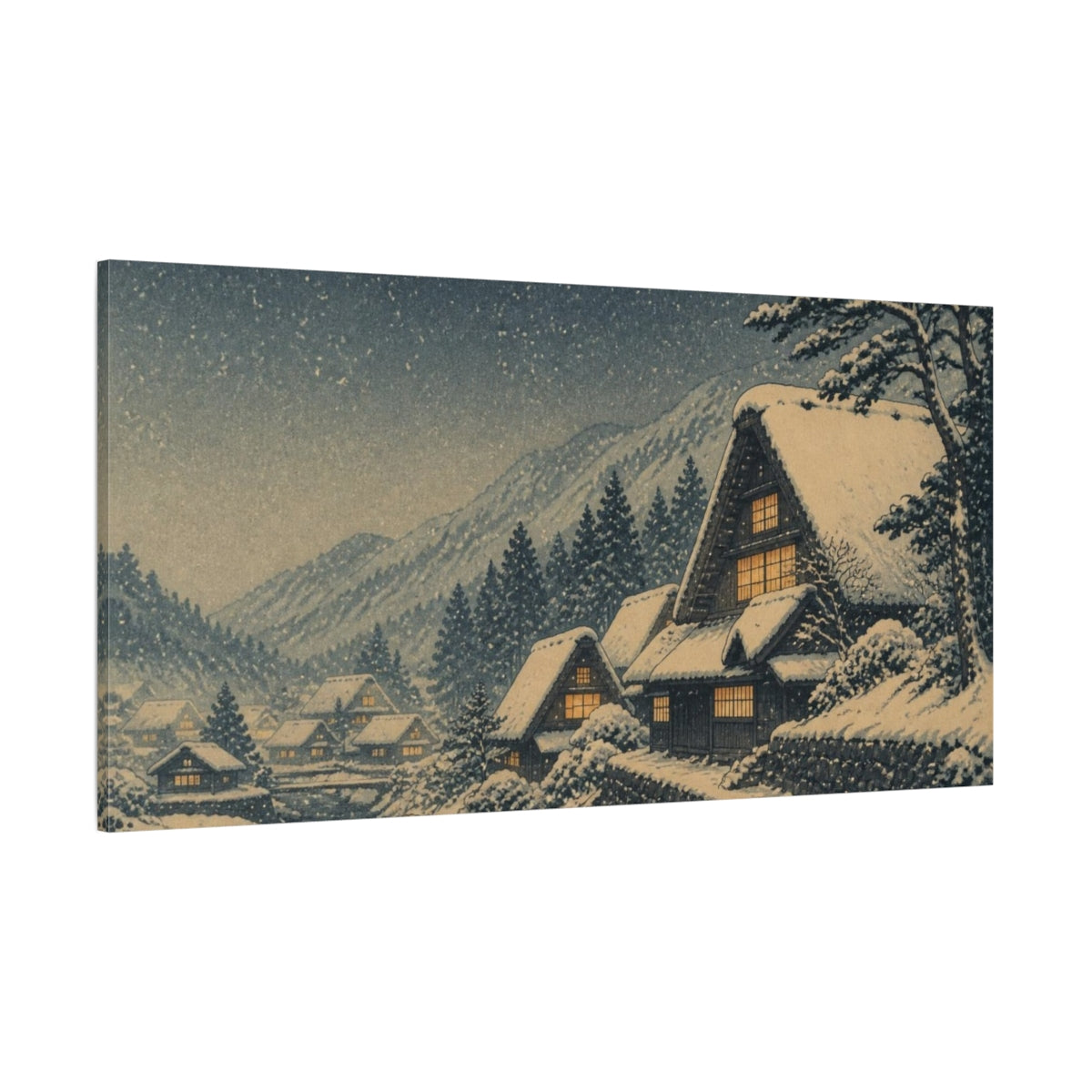 Side Mockup 2. Snowy Village With Amber Windows shown as canvas print