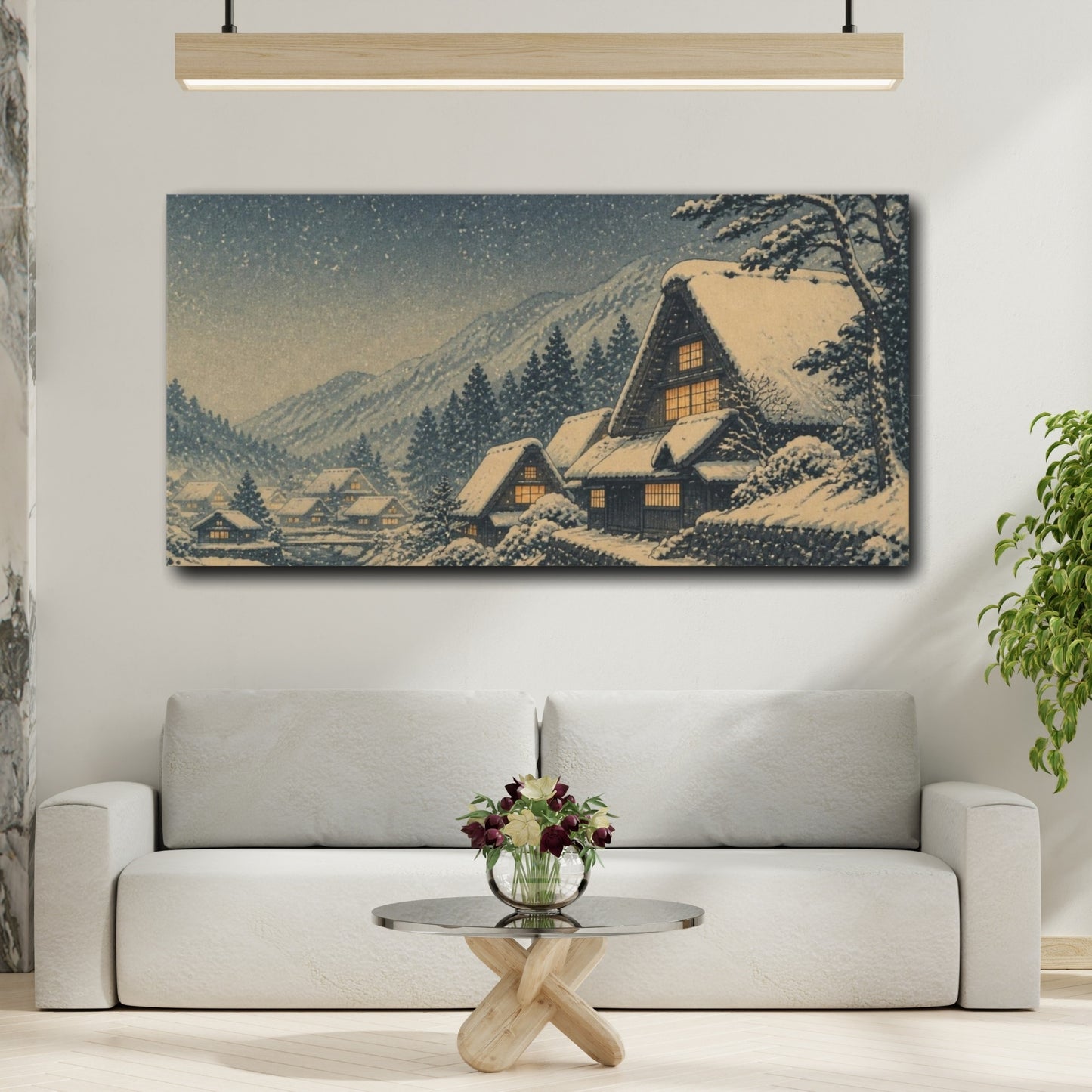 Mockup 2. Snowy Village With Amber Windows shown as canvas print