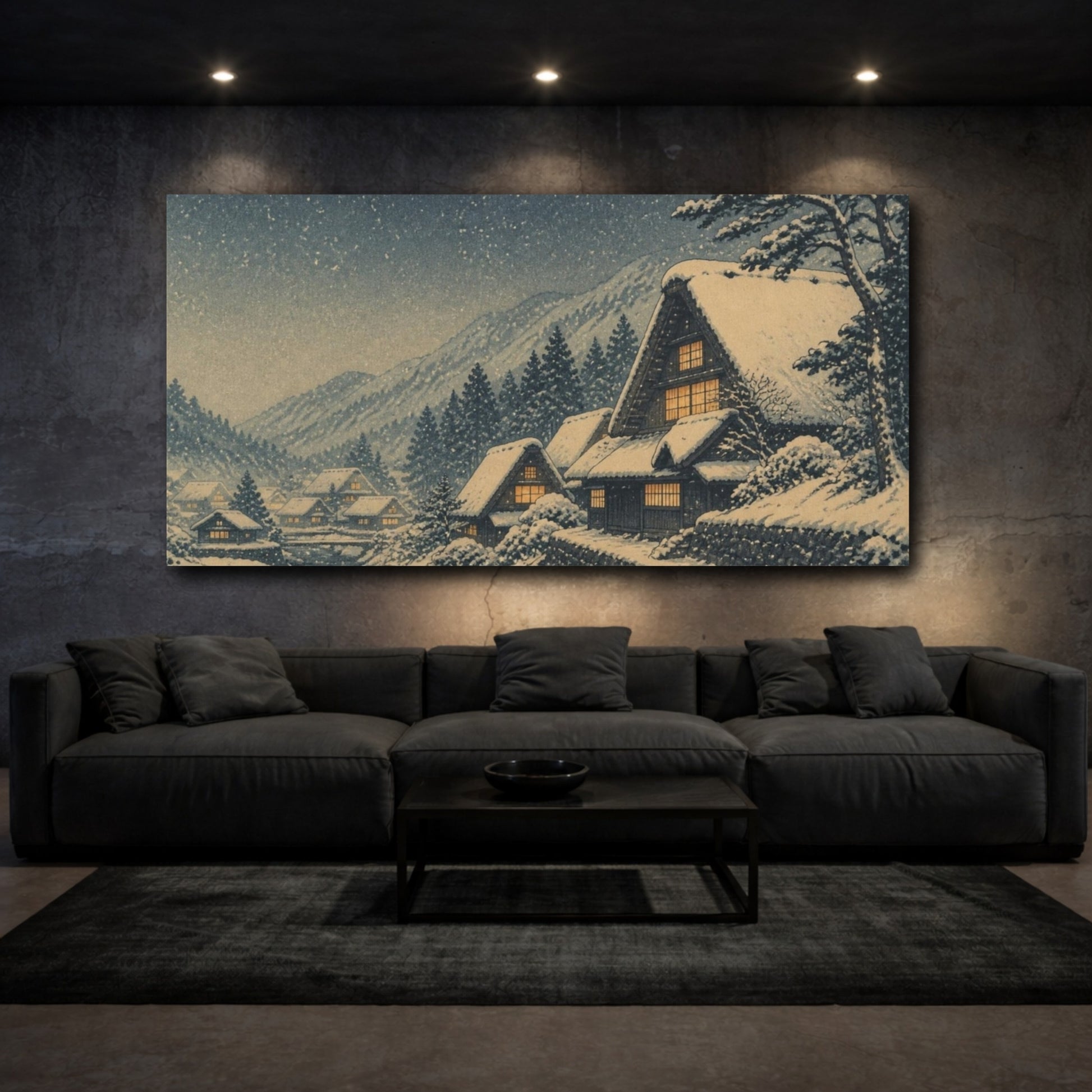 Mockup 3. Snowy Village With Amber Windows shown as canvas print