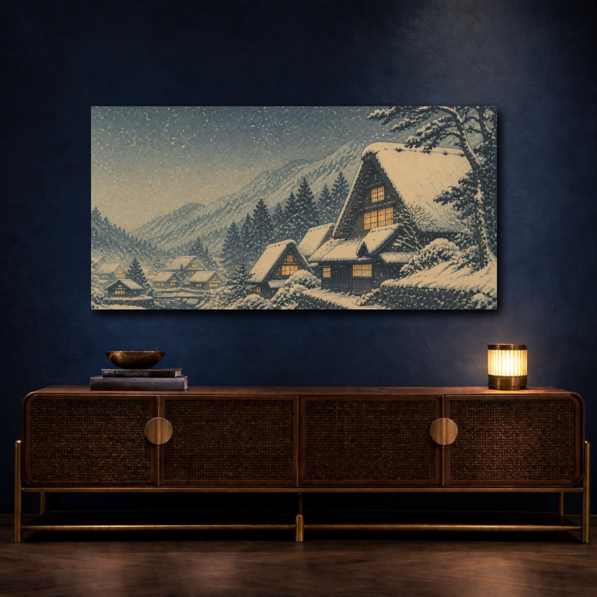 Mockup 4. Snowy Village With Amber Windows shown as canvas print