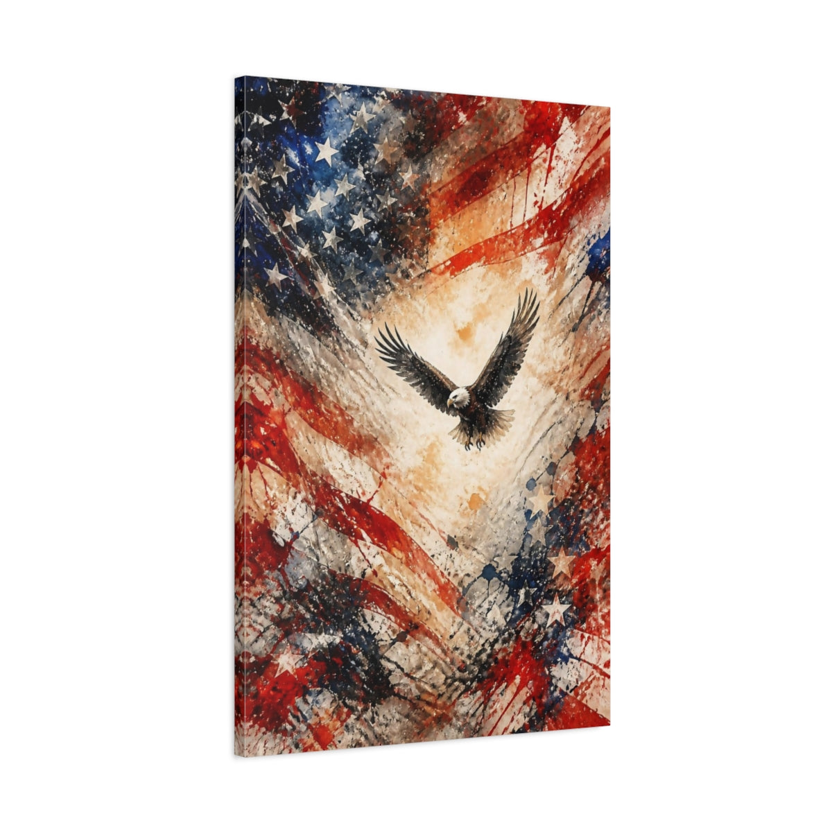 Main Mockup. Soaring Bald Eagle Flag shown as canvas print